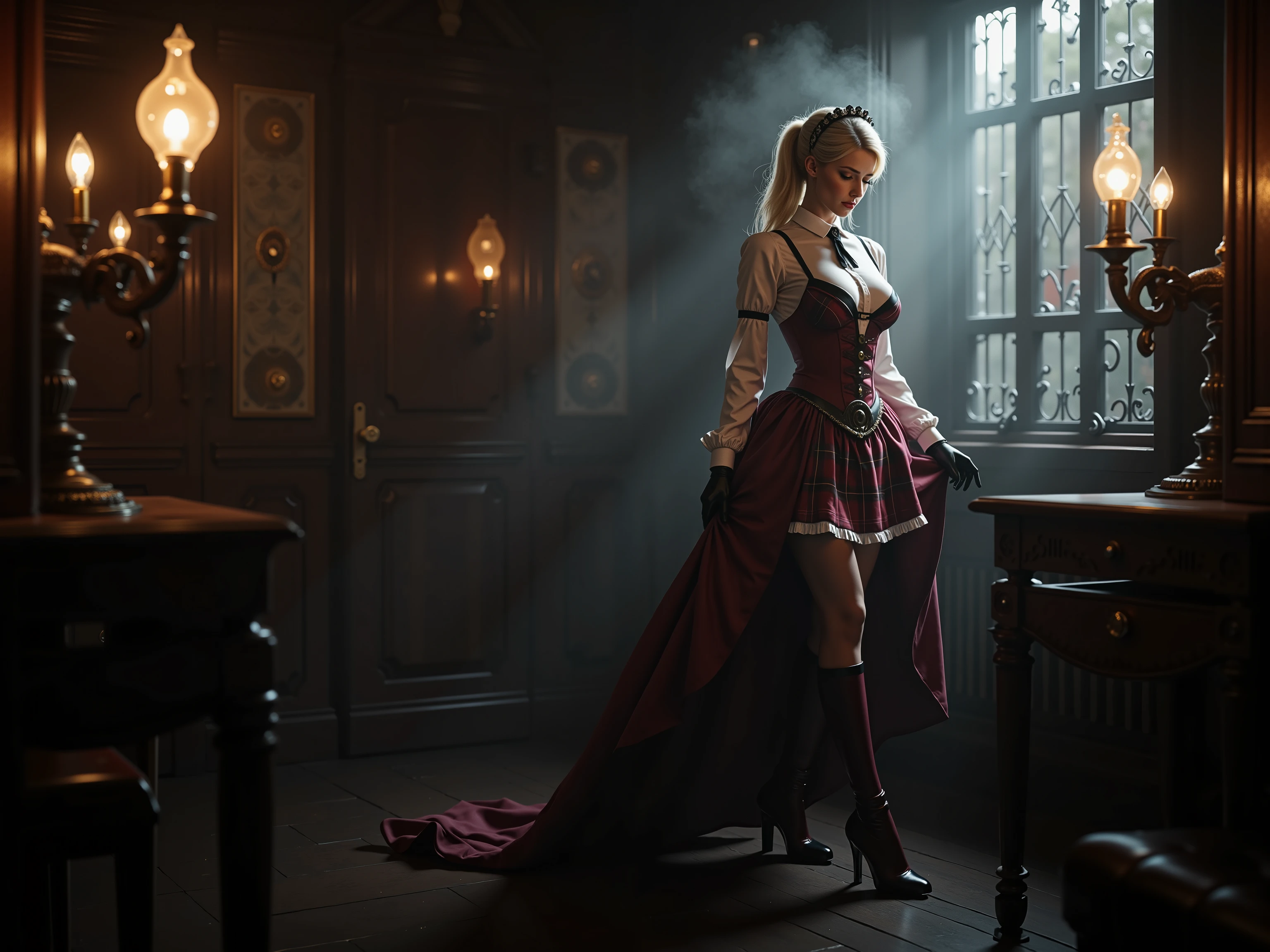 quality: (((masterpiece, cinematic composition, high quality 16K, 32K))), (8k, ultra-hyperrealistic :1.3), ( photorealism :1.2), (steampunk aesthetic). Scene:beautifull blonde maid-girl, in her uniform with shirt tie and tartan middle long minikilt tucked in the shirt. She has long latex gloves and long leather heel boots. Shes touching her skirt. lighting: Gas lamps and the glowing scepter cast a dramatic light on her silhouette, while the rest of the room remains shrouded in shadow and steam. Stil: Seductive and majestic, a perfect mix of steampunk and mystical alien aesthetic. a white light Spot from the ground in the front to the face and illuminates her nipples