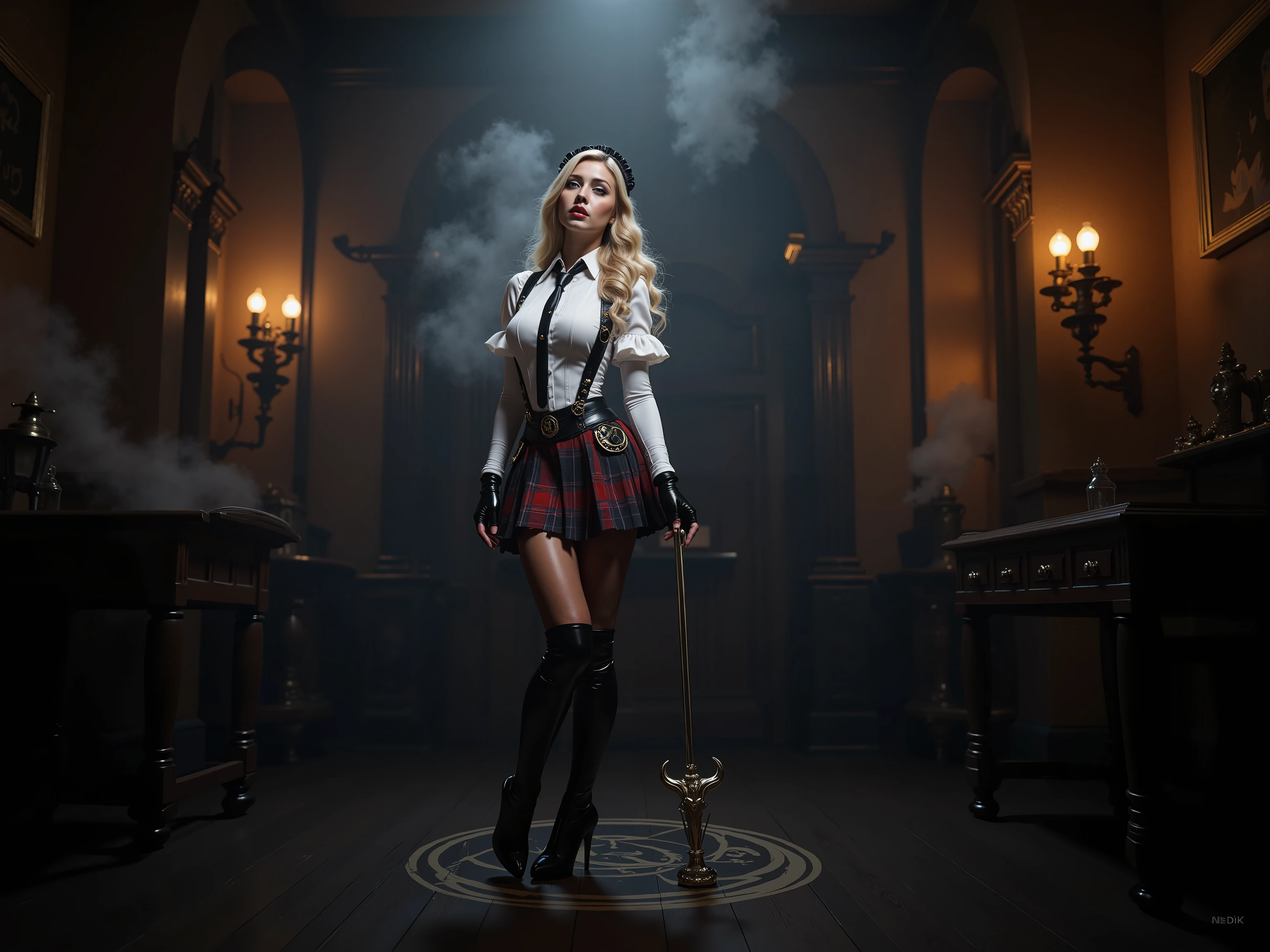 quality: (((masterpiece, cinematic composition, high quality 16K, 32K))), (8k, ultra-hyperrealistic :1.3), ( photorealism :1.2), (steampunk aesthetic). Scene:beautifull blonde maid-girl, in her uniform with shirt tie and tartan middle long minikilt tucked in the shirt. She has long latex gloves and long leather heel boots. Shes touching her skirt. lighting: Gas lamps and the glowing scepter cast a dramatic light on her silhouette, while the rest of the room remains shrouded in shadow and steam. Stil: Seductive and majestic, a perfect mix of steampunk and mystical alien aesthetic. a white light Spot from the ground in the front to the face and illuminates her nipples
