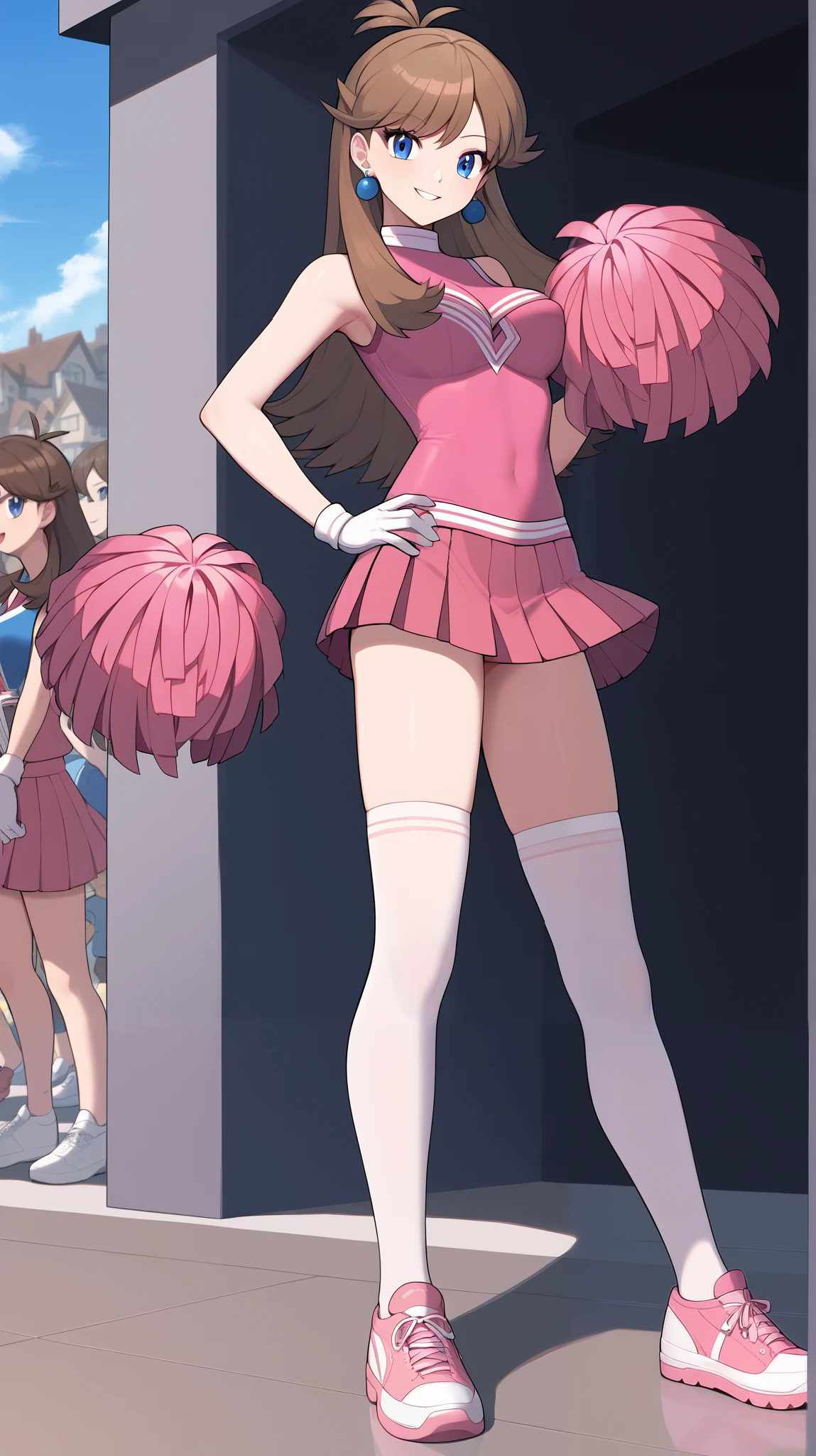 (( top quality)), ((masterpiece)), (( Details)), 1girl,  orange brown hair color,  long hair,  blue eyes, Cheerleader Costume,  pink sleeveless shirt,  pink pleated mini skirt,  white knee-high stockings reflective on glass floors,  absolute domain, white lace up shoes ,  blue earrings,  sexy smile,  seductive smile,  Audience , Place one hand on hip,  is standing,  Tall,  ANIME COLORING BOOK, 1 Female, Age 18, Three idiot hairs ,  with bangs, whole body,  slim figure, Ample breasts, town, (\ Pokémon\), Two legs, two arms,