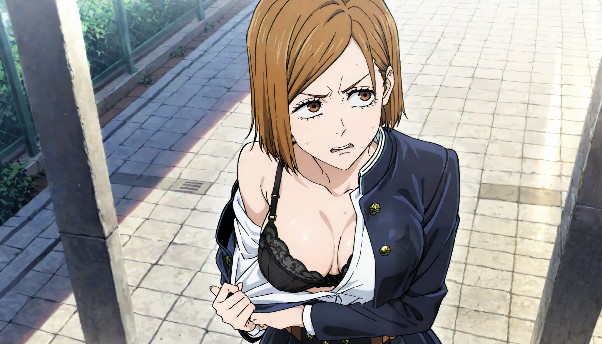 masterpiece, best quality, absurdres, highres, detailed background, 1girl, solo, kugisaki nobara, upper body, outdoors, sunlight,, school uniform, from above, One breast is stuck, ((undressing)), pulling clothes, Look away, (Turn away),black bra, (((embarrasing))) , (((blamed face))), ((scared))