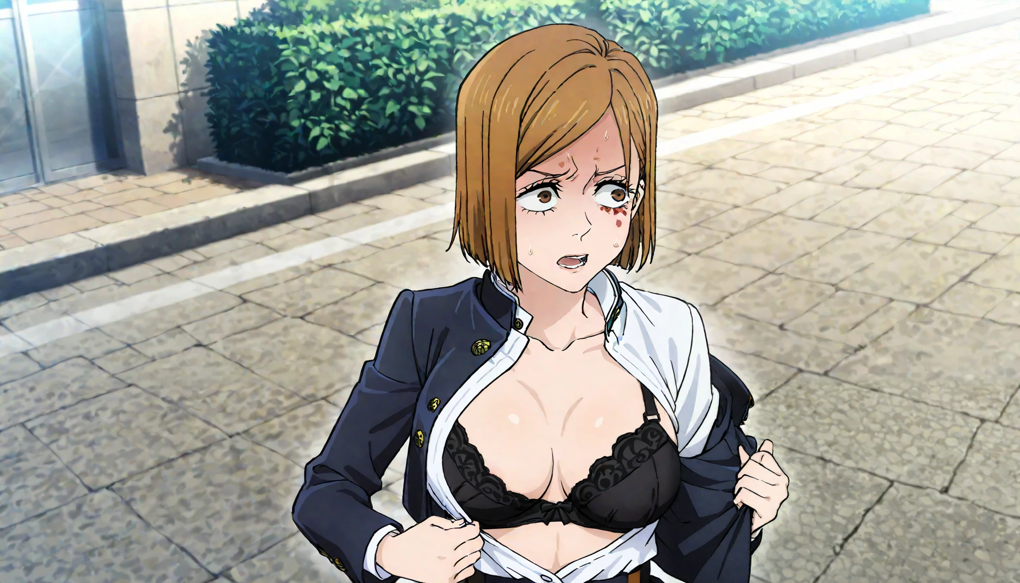 masterpiece, best quality, absurdres, highres, detailed background, 1girl, solo, kugisaki nobara, upper body, outdoors, sunlight,run, school uniform, from above, One breast is stuck, ((undressing)), pulling clothes,  Look away, (Turn away),black bra, (((embarrasing))) , (((red face))), ((scared)) , (((angle from below)))