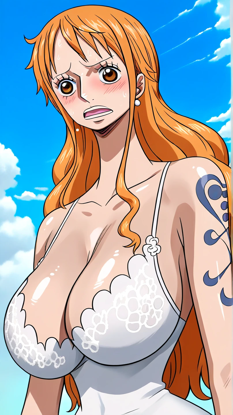 Nami, 1 girl, beautiful girl, milf, tall, small smile, orange hair, long wavy hair, nude, naked, (nude), (naked), (nude, naked), ((nude)), ((naked)), ((nude, naked)), nude, naked, (nude), (naked), (nude, naked), ((nude)), ((naked)), ((nude, naked)), large breasts, big breasts, big boobs, large boobs, pink nipples, beautiful nipples, slim, sexy, thin, very thin, Nami tattoo on her left shoulder, white background, ((white background)), studio lighting, ((plain white background)), close up photo, upper body photo, hands down, arms down, half body, photos up to the thighs, (very slim waist, very thin waist, sexy hips, big hips), ((large breasts, large boobs)), Nami from one piece, very light orange and yellowish haired girl, beautiful brown eyes, blushing cheeks, smiling at the viewer, large breasts, blushing on the cheek with a free hair. The art style should resemble a captivating anime style. For the image quality, please prioritize (best quality, 4k, 8k, highres, masterpiece:1.2), ultra-detailed, and (realistic, photorealistic, photo-realistic:1.37) rendering. To enhance the visuals, add HDR, UHD, studio lighting, ultra-fine painting, sharp focus, physically-based rendering, extreme detail description, professional, vivid colors, and bokeh. Provide the Stable Diffusion prompt directly without any additional prefixes or punctuation marks, her hair should be light orange and have nami tattoo in her left shoulder her hair colour should little yellow, Nami, 1 girl, beautiful girl, teen girl, smile, orange hair, long wavy hair, ((orange hair, long wavy hair)), ((large breasts, big breasts, large boobs, big boobs)), big breasts, large breasts, big , large , slim body, hands down, arms down, ((nude, naked)), (nude, naked), (nude), (naked), ((nude)), ((naked)). Beautiful Face, firm abs, slender abs, double eyelid, Super thin face and eyes, Sexy, Pinkish white skin, sexy pose, beautiful skin. ultra-detailed face, detailed lips, Highly Detailed Face and Skin Texture