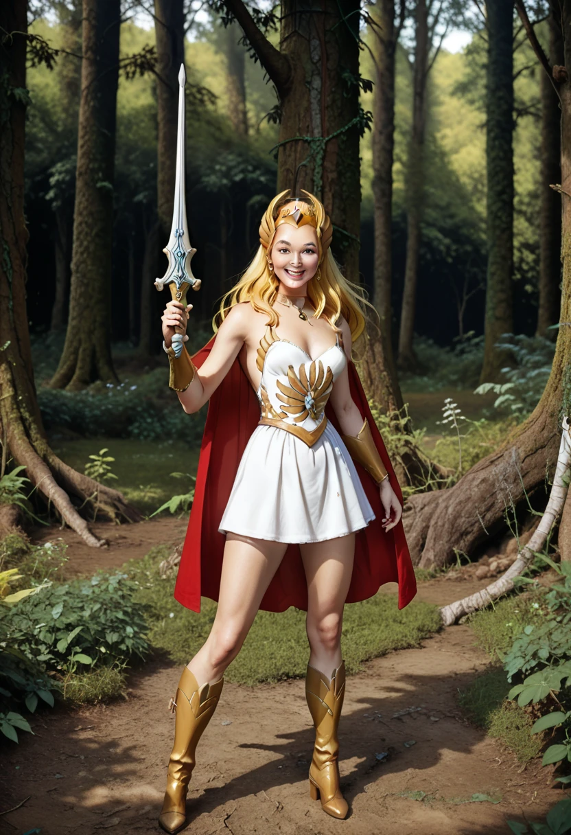 sh3ra, blonde hair, blue eyes, golden tiara, white dress, white skirt, golden armour, boots, red cape, broadsword, full body, happy, sexy, BREAK standing beside horsegal, in a deserted forest, masterpiece, dramatic lighting, highly detailed, depth of field