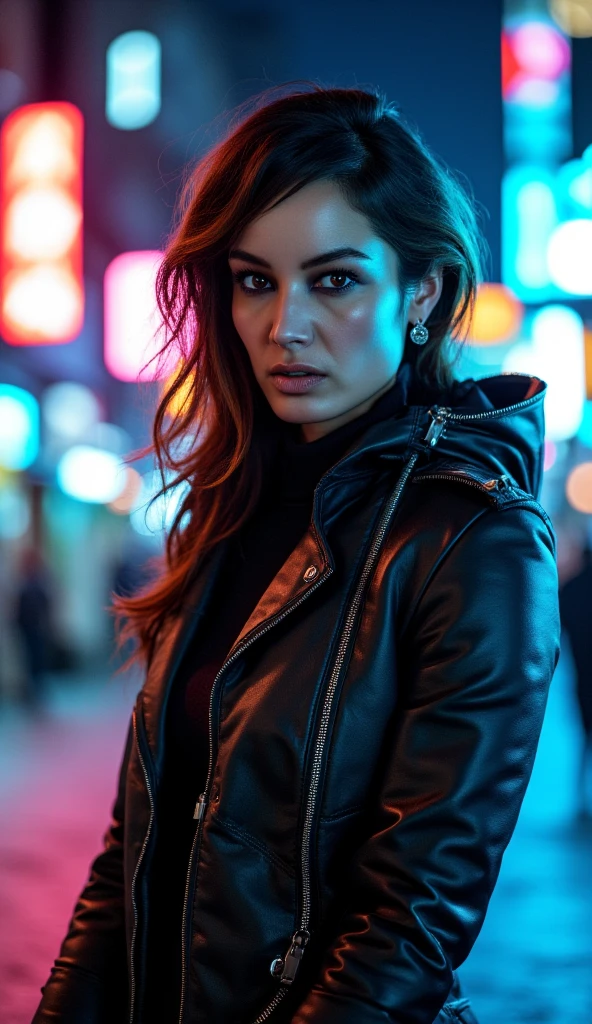 In a masterclass of futuristic portraiture, a woman stands resplendent against the neon-drenched backdrop of a cyberpunk city. Soft, even lighting wraps around her face, accentuating the intricate details of her cybernetic attire. Her eyes, pools of piercing intensity, lock onto the viewer's gaze, exuding an air of confidence and mystery. Centred in the frame, she presents herself with an unwavering sense of purpose, as if daring the viewer to look away. The medium-body portrait is a masterpiece of composition and lighting, capturing every nuance of her cyberpunk persona.