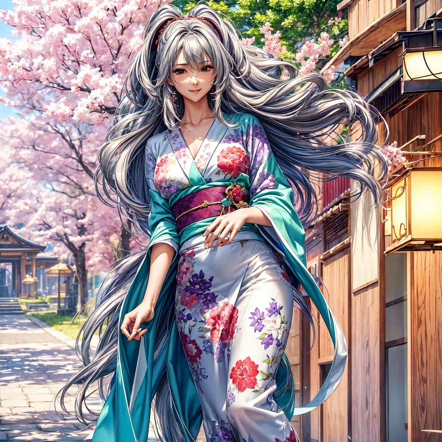 ((( top quality)))、((('s greatest masterpiece)))、Beauty Painting、 8k 、 ultra high quality、1 Female: Perfect Anatomy , Age 20、  beautiful body、  beautiful breasts、  beautiful faces:smile、 best skin and hair texture  、((Beautiful patterned and colored kimonos:Purple:green:silver:red: colorful ))、 female genitals:pubic hair、Beautiful fountain:Cherry blossom trees、( the wind is blowing)、 natural light、 high resolution images、 full picture、