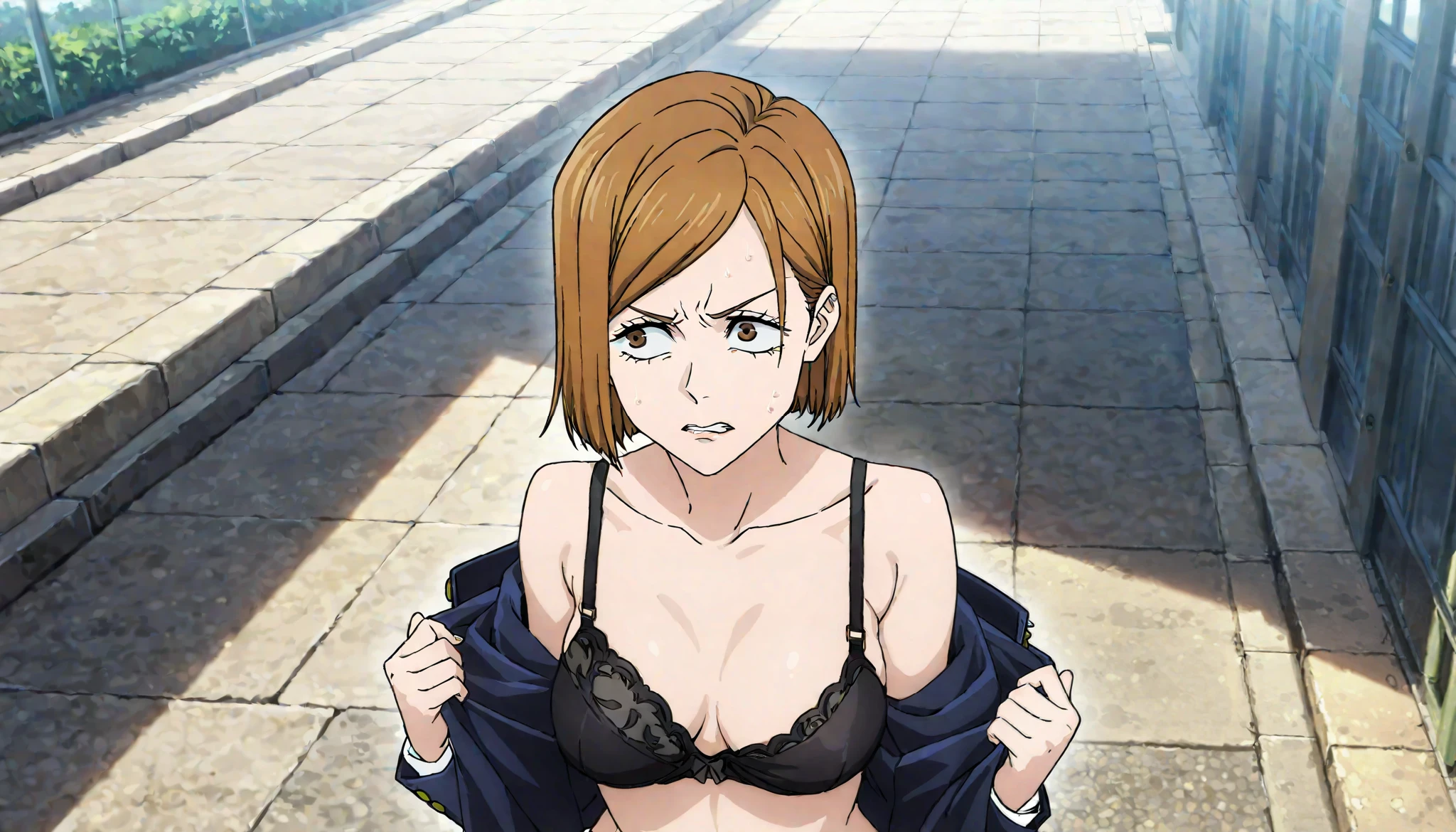 masterpiece, best quality, absurdres, highres, detailed background, 1girl, solo, kugisaki nobara, upper body, outdoors, sunlight,, school uniform, from above, One breast is stuck, ((undressing)), pulling clothes, Look away, (Turn away),black bra, (((embarrasing))) , (((blamed face))), ((scared)) ,((naked all))