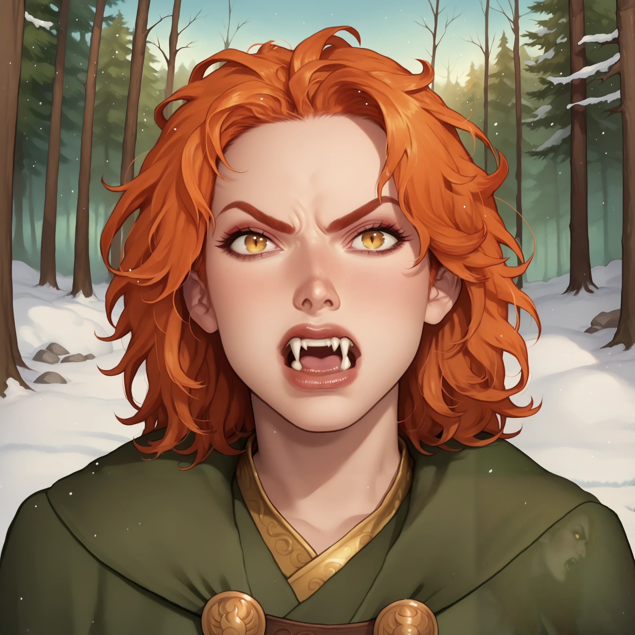 (((beautiful, high quality, comics style, detailed face))), score_9, score_8_up, score_7_up, BREAK, human, vampire woman, ((ginger hair, long messy hair)), golden eyes, very pale skin:1.5, GREEK GODDESS DRESS, (angry expression, vampire fangs, open mouth, yelling), solo, dynamic pose, portrait, looking at the viewer, front view, fantasy, ((outside, snow, boreal forest:1.3)), blurred background, Expressiveh, detailxl