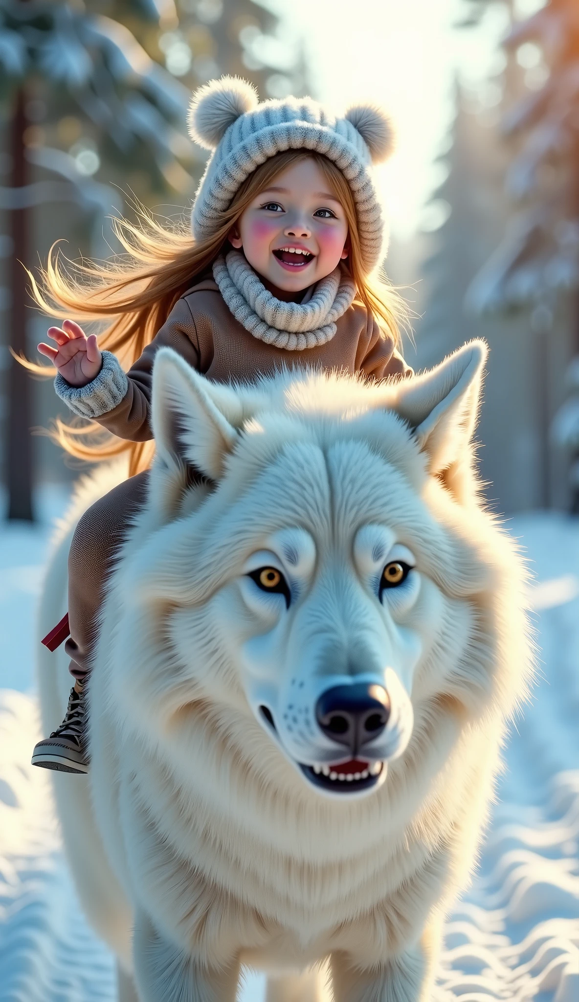 Very realistic dynamic scene. (Masterpiece: 1.2), (Very Detailed: 1.3), clear focus on face, clearly and thoroughly drawn facial details, beautiful and realistic, shot with Canon EOS 1100D, charming and very cute, pink cheeks with frost, cute girl. Riding on the back of a huge, surrealistic, white big wolf with a gentle expression, snow covered winter forest, sunlight, shining snow, the girl is laughing, very jovial, smiling widely, waving affectionately. Very detailed computer graphics high resolution, (highest quality), (photo resolution: 1.2) Very detailed computer graphics cinematic lighting. Close-up. Lots of detail. Realistic style, surrealistic. Cinematic. Winter coniferous forest background. 8 K, raw, photorealistic and realistic, motion blur, top quality