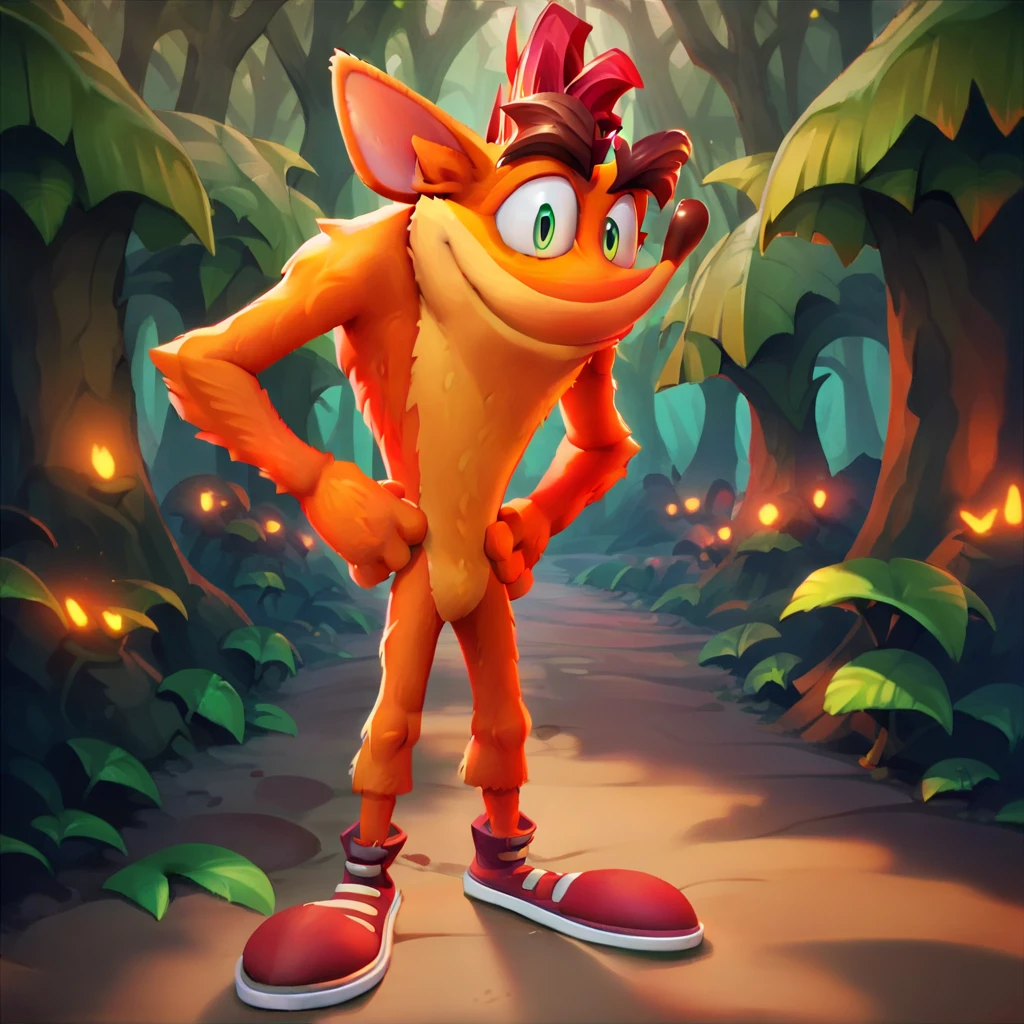 Crash Bandicoot,Furry,Orange Fur,Light Orange Under Belly,Green Eyes,Mohawk,Red Hair,Thick Eyebrows,Dark Brown Nose,Big Pointy Ears,naked,nude, solo,smile,hands on hips,full body, grim,forest background,