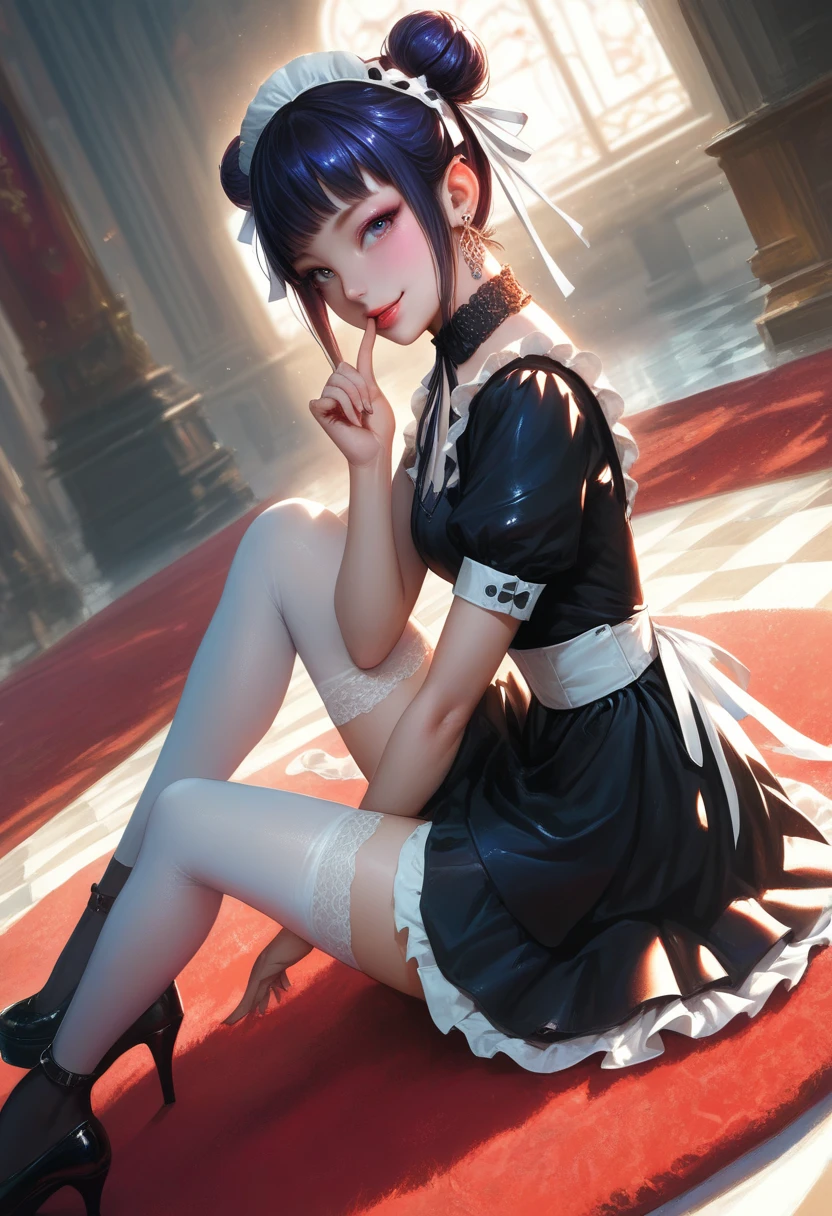 short-hair、gotik、Japanese Lolita、Hold the sword、Confetti、head phone、hotpants、Blue Flame、A picture that can be seen in its entirety Black boots Front-facing composition