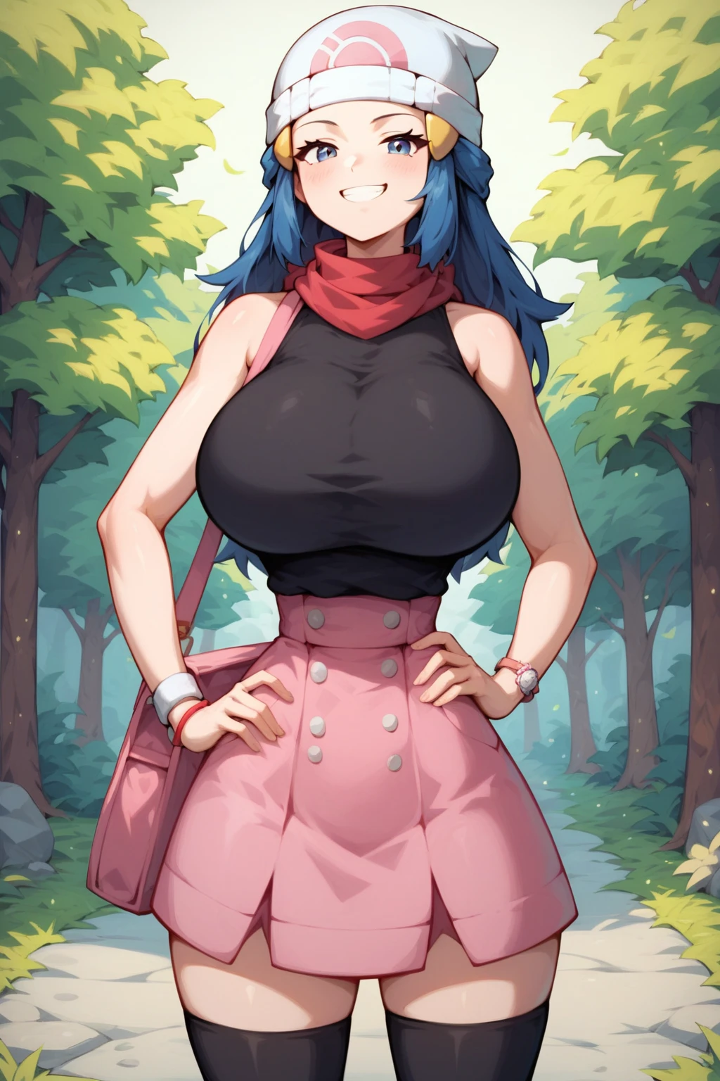 Dawn from Pokemon, Pink Bag, White Hat, White Beanie, Red Scarf, Forest Background, Black Shirt, Bracelet, Sleeveless Shirt, pink_footwear, standing straight, Black Socks, Knee High Socks, Miniskirt, Pink Skirt, Smug, Petite Frame, Hands on Hips, Huge Breasts, Large Breasts, Massive Breasts, Wide Hips, Thin Waist, Very Thin Waist, Wasp Waist, Solo, Aerial View, Smiling, (cartoon-style bold line work:1.2), vibrant colors, cel shading, Simplistic Art Style, looking at viewer, solo 