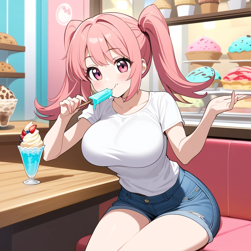  A girl,  with pink hair tied in pigtails style , with vibrant pink eyes ,  fair skin , large breasts,  fine winding,  wide hips ,  wearing a casual summer outfit ,  being a white t-shirt and denim shorts,  eating ice cream, sitting inside an ice cream shop ,  with a cute and smiling expression .