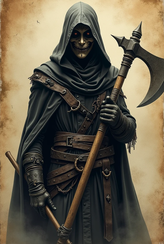 Of a magdamn bandit in a 1skullface in shadow hood, ((bluefire in Bony hands)), gloomy eerie rpg setting, mysterious ominous Woodland atmosphere, Chiaroscuro sense of dangerous intrigue, preparations for battle, by (Caravaggio:1.36), trending on artstation, best quality, 4k textures, ultra detailed