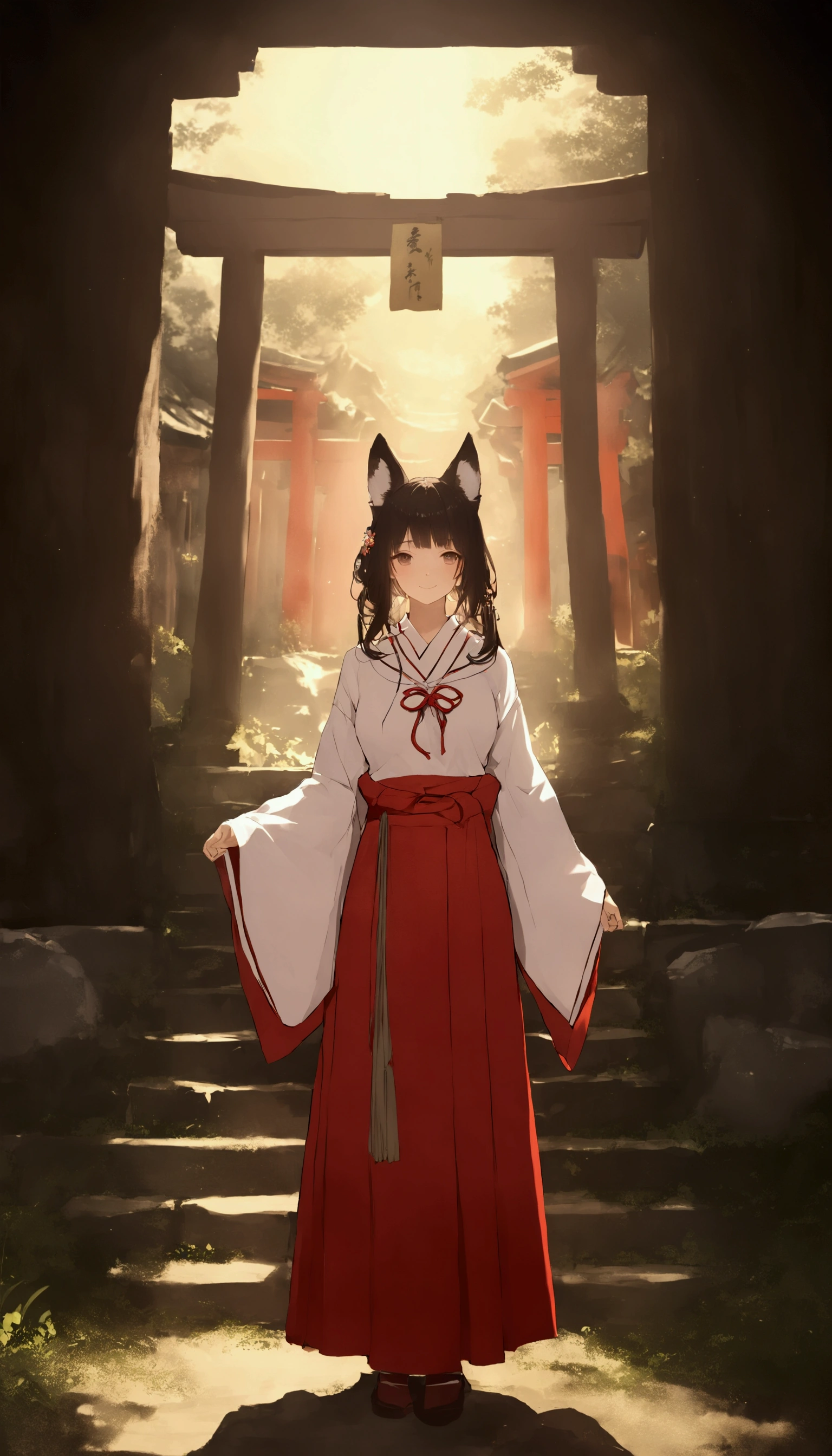   cute anime girl with small head and body  、 cute fox ear smile  、Bold poses、 Dreamy and cute 、Sickly cute、  simple oversized pullover 、  knee-high socks  、Ancient city background  、Poster Style、flat-colors、  meticulously calculated  、 arranged motifs 、HIGH QUALITY DESIGN  、  kitschy aesthetics , (((Shrine maidenの標準衣装))), (((  fox ears))),((( Little Shrine Torii  ))),  Volume Light  ,  Subsurface Scattering, Cinematic Light ,  chiaroscuro,  women's clothing, Shrine maiden,Red Hakama