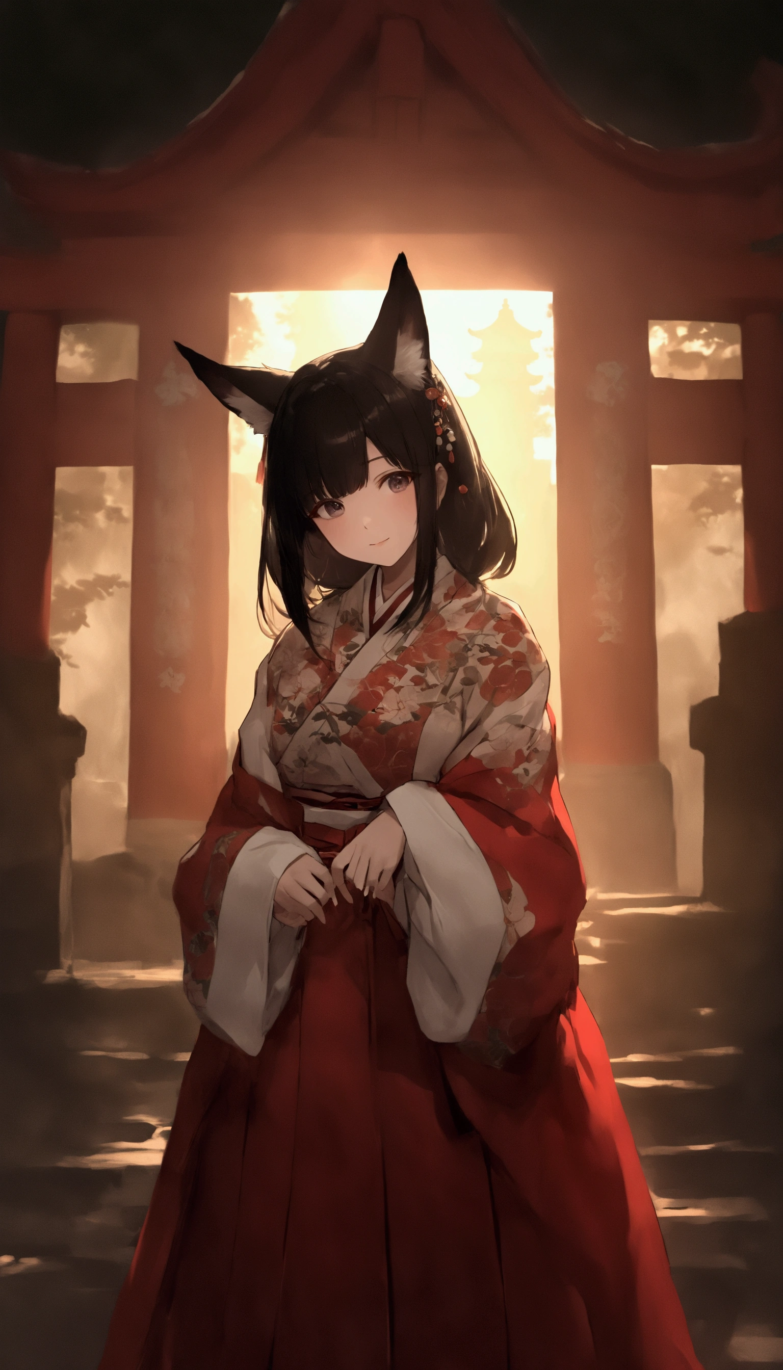   cute anime girl with small head and body  、 cute fox ear smile  、Bold poses、 Dreamy and cute 、Sickly cute、  simple oversized pullover 、  knee-high socks  、Ancient city background  、Poster Style、flat-colors、  meticulously calculated  、 arranged motifs 、HIGH QUALITY DESIGN  、  kitschy aesthetics , (((Shrine maidenの標準衣装))), (((  fox ears))),((( Little Shrine Torii  ))),  Volume Light  ,  Subsurface Scattering, Cinematic Light ,  chiaroscuro,  women's clothing, Shrine maiden,Red Hakama