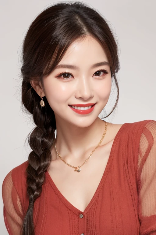  1 mature woman 、Hair Braid Bang、Full sleeve blouse、 earrings、Smooth and Delicate Lips 、 beautiful faces、smile、Red lipstick、 bright color、 elegant pose、 perfect skin、 gentle face 、 breathtaking realism、 necklace、masterpiece、 best quality、