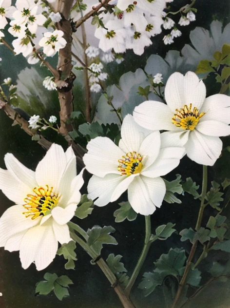 there are two white flowers that are blooming in the garden, white flowers, anemones, anemone, large opaque blossoms, white flower, white blossoms, beautiful flowers growing, miniature cosmos, huge blossoms, flowers blooming, soft white glow, gold flaked flowers, 中 元 节, soft flowers, incredibly beautiful, stunningly beautiful, flowers and foliageHD, (Best Detail), (Best Quality), Vintage Poster, Traditional Media,