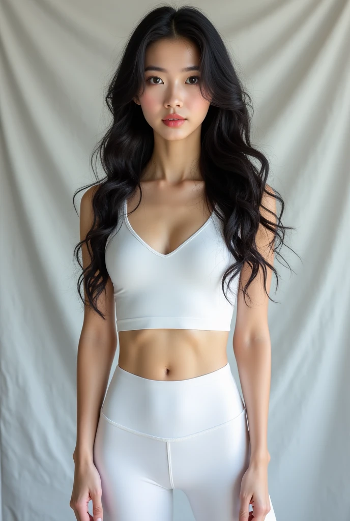 A spectacular and seductive Asian brunette, 18 years, con fascinantes ojos verde oscuro y encantadoras coletas que caen en cascada por su espalda.. Su piel, besado por el sol, presume un bronceado radiante, acentuando su belleza natural. She wears a small white crop top made of soft, meticulously combed cotton jersey.., abrazando perfectamente sus curvas. El top corto se combina con un encantador par de pantalones cortos rosas., completando su conjunto juvenil y de moda. Every detail of this image is rendered with astonishing realism., desde la textura de su piel hasta los colores vibrantes de su atuendo. en el fondo, un bar de moda prepara el escenario, adding a touch of atmosphere to this captivating full body photograph.tomando cafe