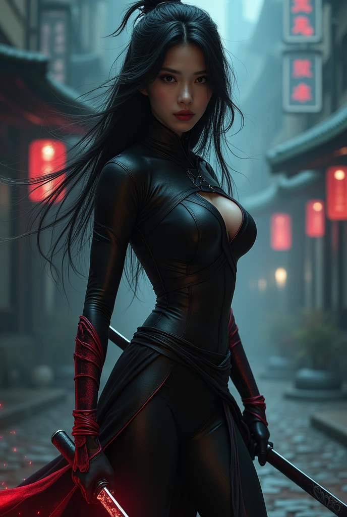 oriental ninja woman, detailed eyes and face, beautiful detailed lips, long eyelashes, leather armour, mask, big breasts, slender figure, agile movements, katana sword, throwing stars, ninja tools, moonlit night, bamboo forest, mysterious atmosphere, dark shadows, moonlight shining through the leaves, Asian inspiration, martial arts expertise, stealthy and silent, powerful and deadly, traditional Japanese culture, black and red color scheme, intense and dramatic lighting, dynamic poses, elegant and fierce, skilled in martial arts and assassination techniques, mysterious aura, capturing the essence of the oriental ninja in a modern and empowering way, high-quality illustration medium, ultra-detailed, realistic and vivid colors, masterful attention to textures and details, capturing the delicate features of the face, creating a captivating and iconic image.