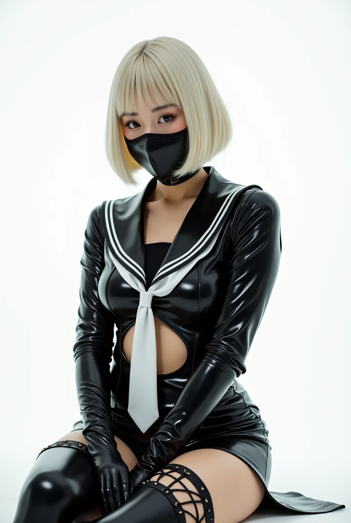 White Haired Girl,With bangs, Black gloves, Crop top, skirt, Goth, Green Eyes,4K, masterpiece, Perfect body, Dry,Perfect Eyes, Perfect Shading, Perfect lighting, Highest quality, Artwork, Super detailed, Detailed clothing、Plus Size、Plump、Chubby、(Black enamel face mask)、Large Breasts、Big Ass、Thick legs、Angle from below、(sexly)
