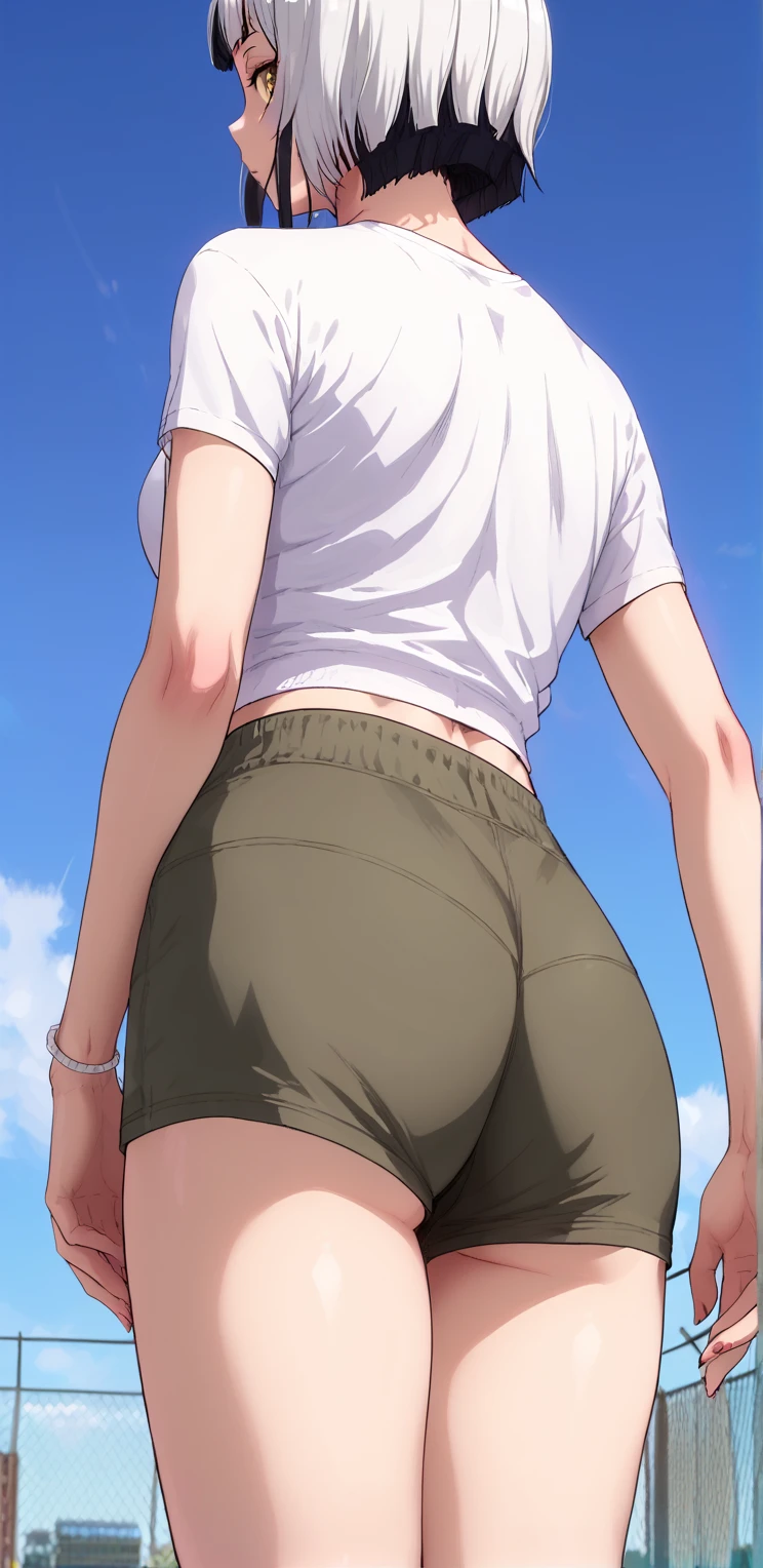 ht_sally : wearing a long white t-shirt, shorts de ioga , Back to me , in front of the school .