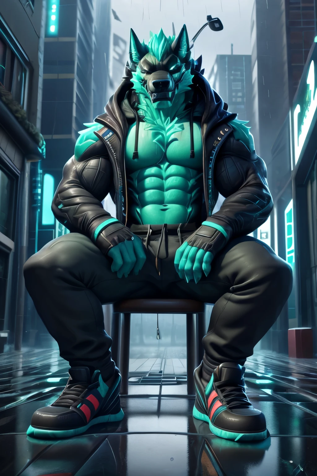 Empty, Reality, The art of math, roadside + asphalt + Big cities, (rain drop:1.2), rain, Detailed background, Bright Lights, foot splash on a puddle of rain, Low Angle, (Front view:0.9), Solitary, male, Cerberus-fortnite, Fitness, Kind eyes, Delicate eyes,anthro
Black joggers pants, blue-green unbuttoned (hoodie:1.2), T shirt, blue-green Black (sports shoes:1.2), Black (blue-green:0.6) (Gloves:1.2), Wired headphones, Headphone cable, Smile, confidence, sit, Bend your knees, Photo poses, Pass null_ghost, By Norka, author:W4G4, From voidlesky, author:lost-paw, author:warden006, From tattooorexy
