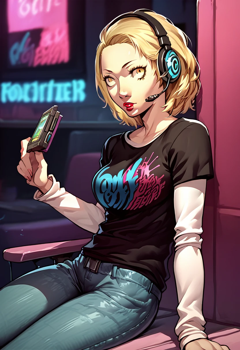 1 girl, headset, lipstick, black t-shirt, clothes writing, layered sleeves, large breasts, jeans, Margaret, blonde hair, yellow eyes,