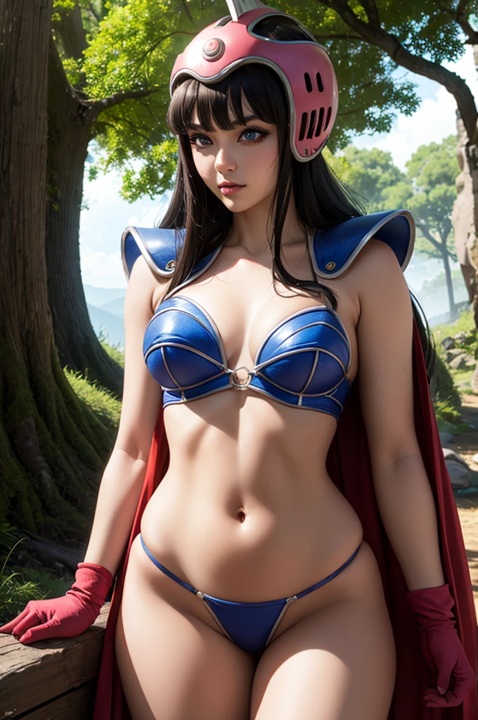 Chichi from dragon ball, masterpiece, best quality, highres,  (finely detailed beautiful eyes and detailed face), (face through thigh: 1.4),  solo, lady, (beautiful background), dynamic angle, blue eyes, light face, sunlight, (bright face: 1.2), very wide hips, very thick thighs, (full body shot),   long hair, helmet, pink headwear, black eyes, medium breasts, shoulder armor, bikini armor, green cape, pink gloves, navel, groin, standing, cowboy shot, outdoors, smile, open mouth, looking at viewer, hand on hip , show nipples, show vagina, spread legs.
