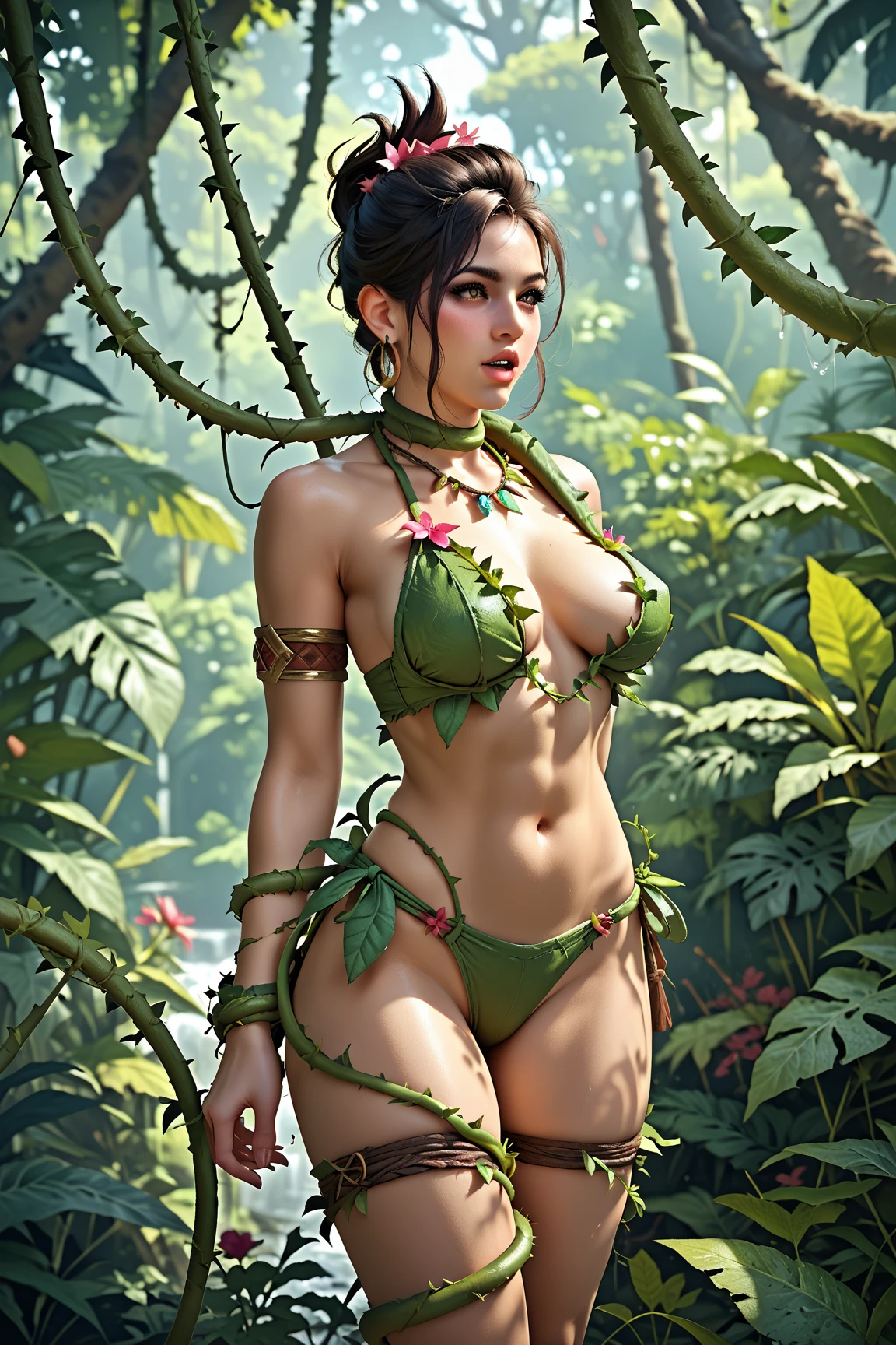 standing in the forest, in a bad mood, with hands on hips, (((wearing a very sexy bikini))), heels, work of art. (toned legs), (toned belly), bright green eyes