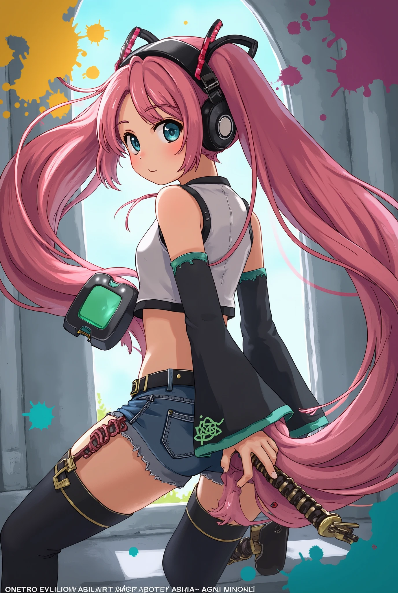 (masterpiece、 top quality、 top quality、 Official Art、 beautiful beautiful:1.2)、(1 person:1.3) Hatsune Miku 、 twin tails, Beautiful breasts,Masterpiece,  top quality, 1 personの女の子, Alone,  crop top,  denim shorts,  choker , ( graffiti:1.5),  Paint Splashes,  turn your arms around your back ,   can noodles pointing at it  ,  Watching Viewers ,  bracelet ,   thigh strap ,  paint on body ,  head tilt, ,  multi colored hair ,  Aqua Eyes,  headset,