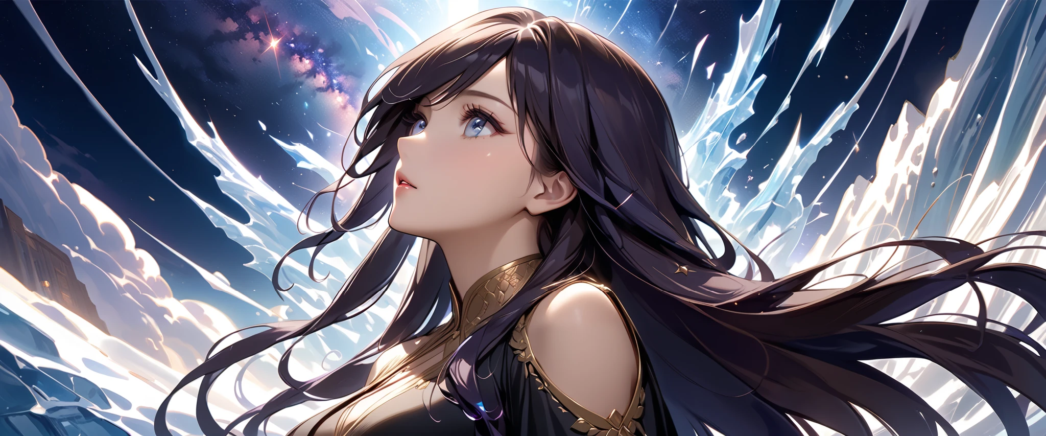 ((( showing their whole body:1.5))),(Characters move with a sense of dynamism in dynamic poses :1.2)、(((very wide view:1.2))),(((Hyper Detail:1.5))), (((masterpiece,  top quality, 's greatest masterpiece、 more details,  best shadow:1.5))), ( extremely detailed and fantastic background ,Dark fantasy), (Extremely beautiful and detailed eyes ), (Best lighting,  Extremely Delicate and Beautiful Face ), ((Cinematic Light)), ((( 1 woman , Alone,Dark blue hair color、 straight long hair, light blue sparkling eyes ,  How to do it,Taken from a dynamic angle :1.5))), Mysterious World,((( bright starry sky and a world of ice unfold:1.5))), (((16K resolution:1.5)))、perfection、(Extremely beautiful and detailed face )、 a scene from the movie ,  beauty,   black dress ,(profile),((( looks up at the sky:1.5)))