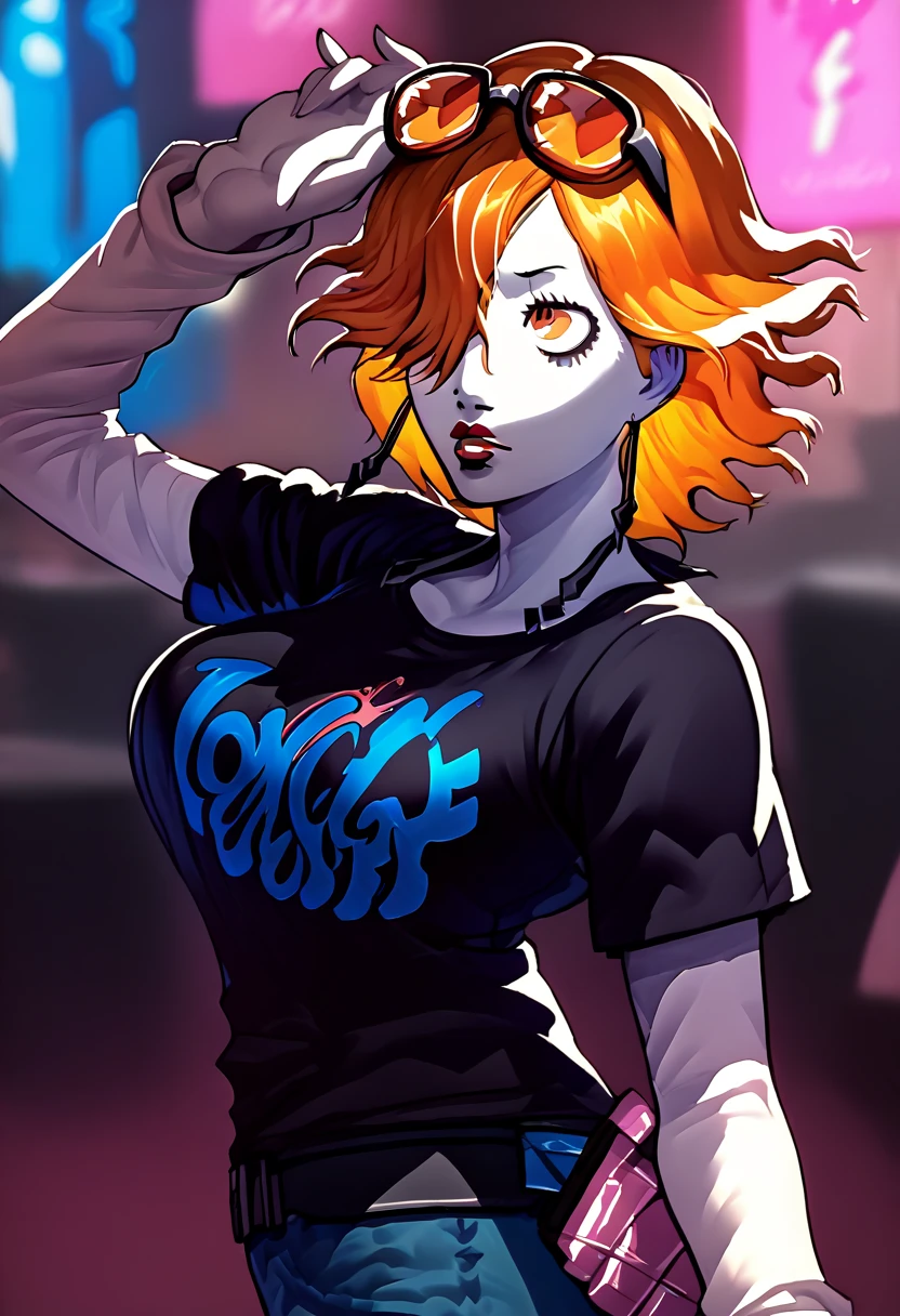 1 girl, sunglasses on head, lipstick, black t-shirt, clothes writing, layered sleeves, large breasts, jeans, Kronya, orange eyes, orange hair, hair over one eye, pale skin