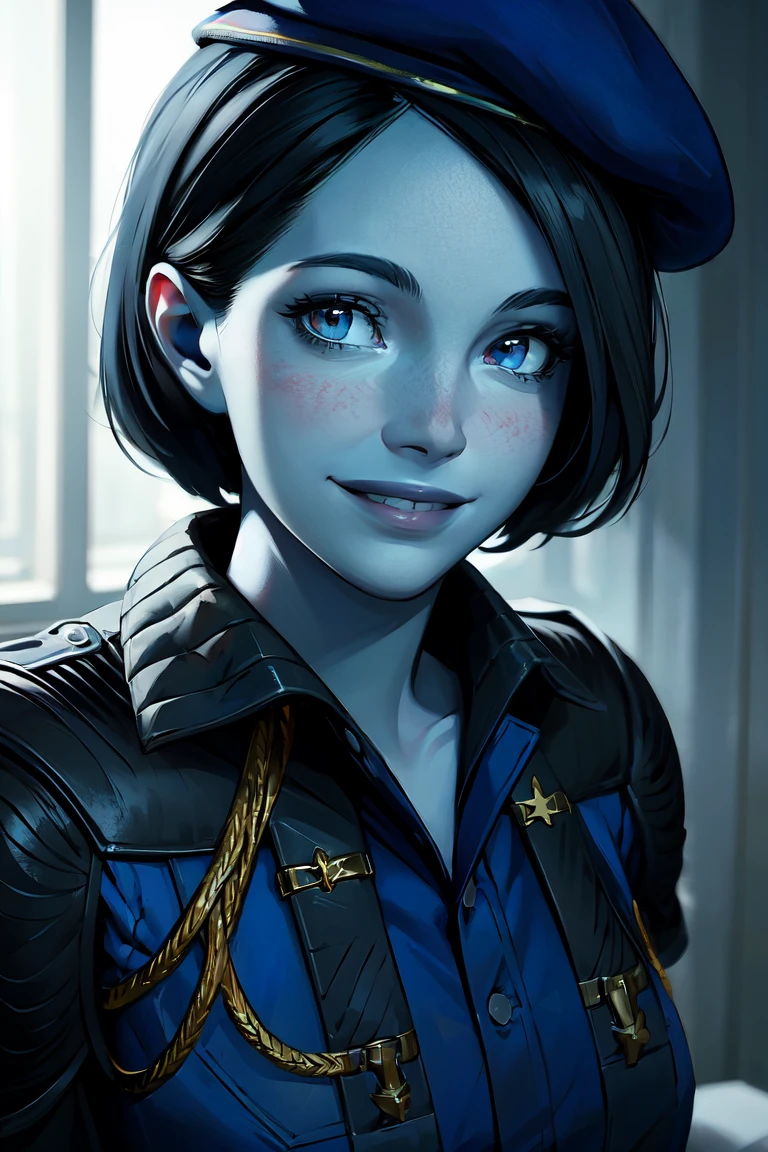  realistic ,  best quality , 8K UHD,  DSLR,  soft lighting ,  High quality , nikkigotg, blue skin, ( black hair), 1fille, Alone,looking at viewer,  smile, Beret , cheveux courts, a, dents, blue hairdo 