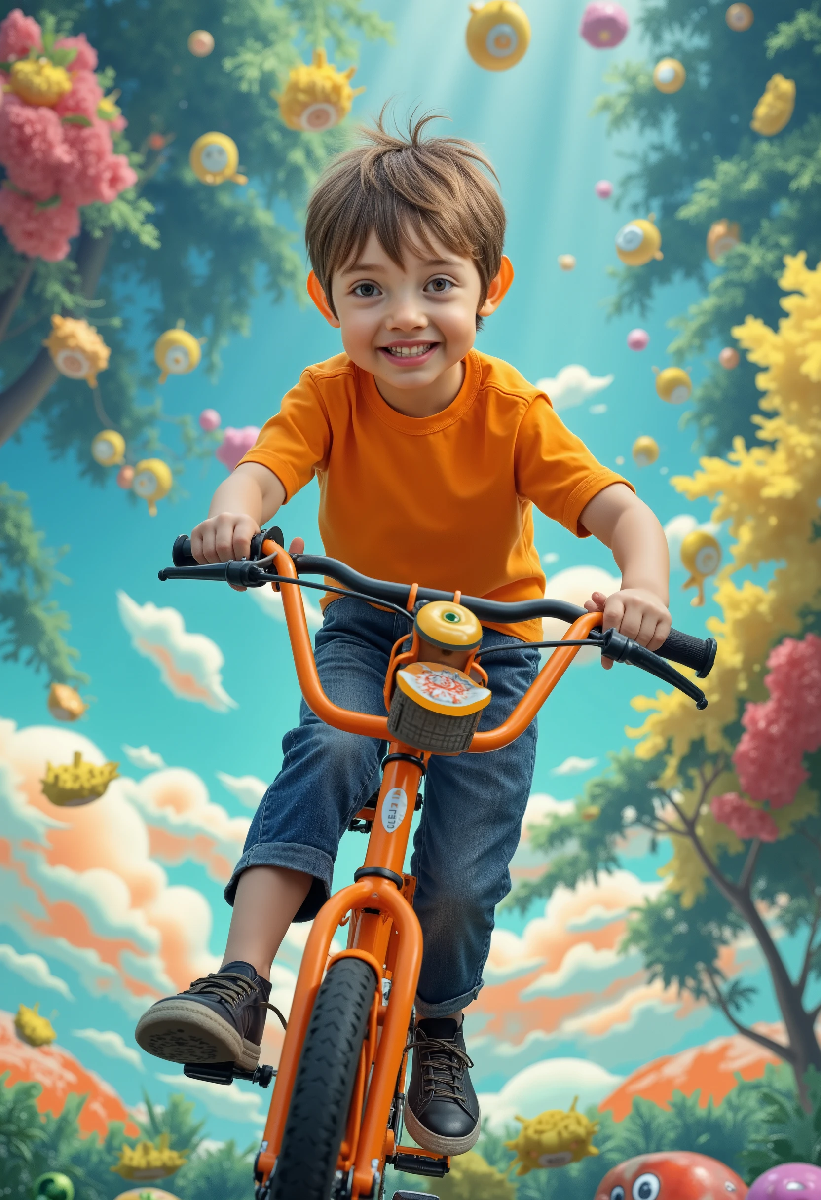 A funny illustration of a boy playing with a orange bike. Dream filter, vivid color.