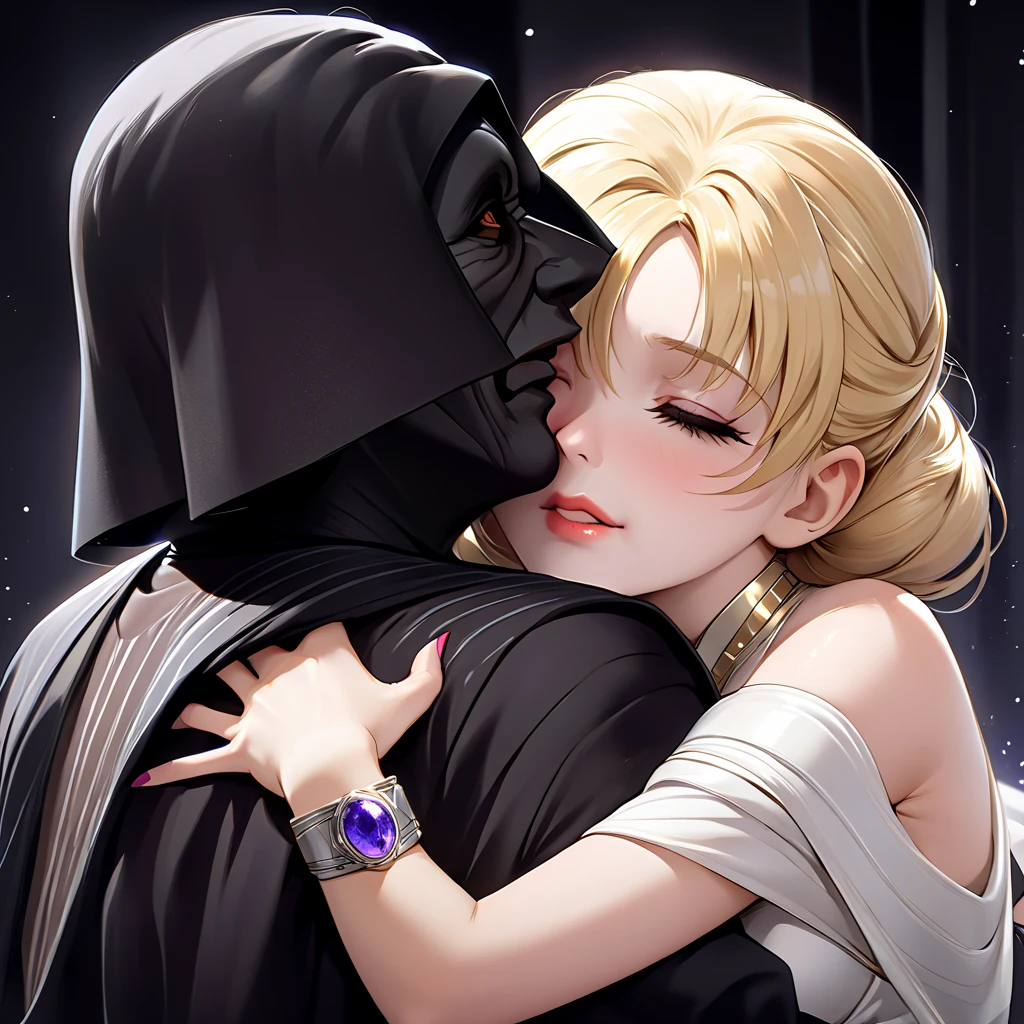 (( top quality)), ((masterpiece)), ( Details), （ Perfect Face）、The young, beautiful blonde Fate Testarossa was made to wear Princess Leia's dress, made to look like an elegant princess, became the wife of the Dark Lord of the Sith Darth Sidious, wore an engagement ring, was spoiled by Darth Sidious, and hugged by a man who snuggled up and loved as she was