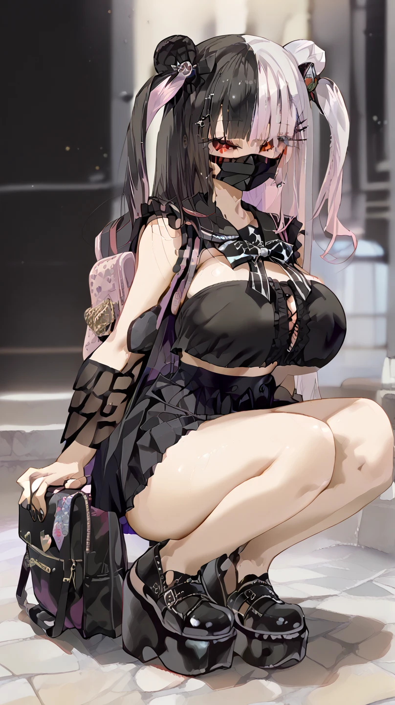 safe_Location, score_9, Alone, Solo Female , Our_(Our_akqj10  ),  satou daji style , Black and white hair, Parting Hair,  multicolored hair,  red eyes,  long hair,  Two Side Up ,   Twin Tail Toile  ,  One Girl , huge breasts,  wide hips,  thighs,   Towa's Jirai Kay Outfit  ,  mouse mask, Black nails,  Platform Footwear ,  squats , Cleavage, bag,  hair ornament,   Pink High Waist Skirt  ,  pleated skirt at the top of the screen,   Black Ruffle Shirt  , frilled sleeves, Sleeveless,  black shirt, black sailor collar,   Black and White Outline Neck Bow, half closed eyesカウボーイ射撃,  Watching Viewers 