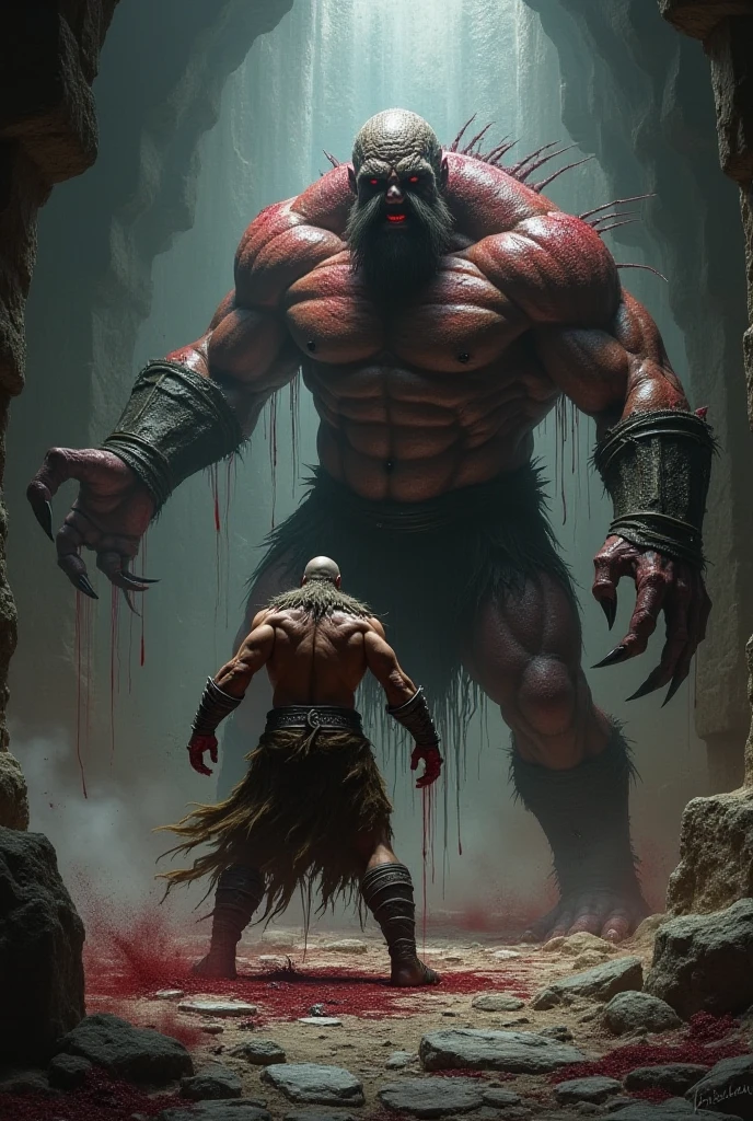 Create a realistic book cover, a red ogre making an angry face with a male in his hand