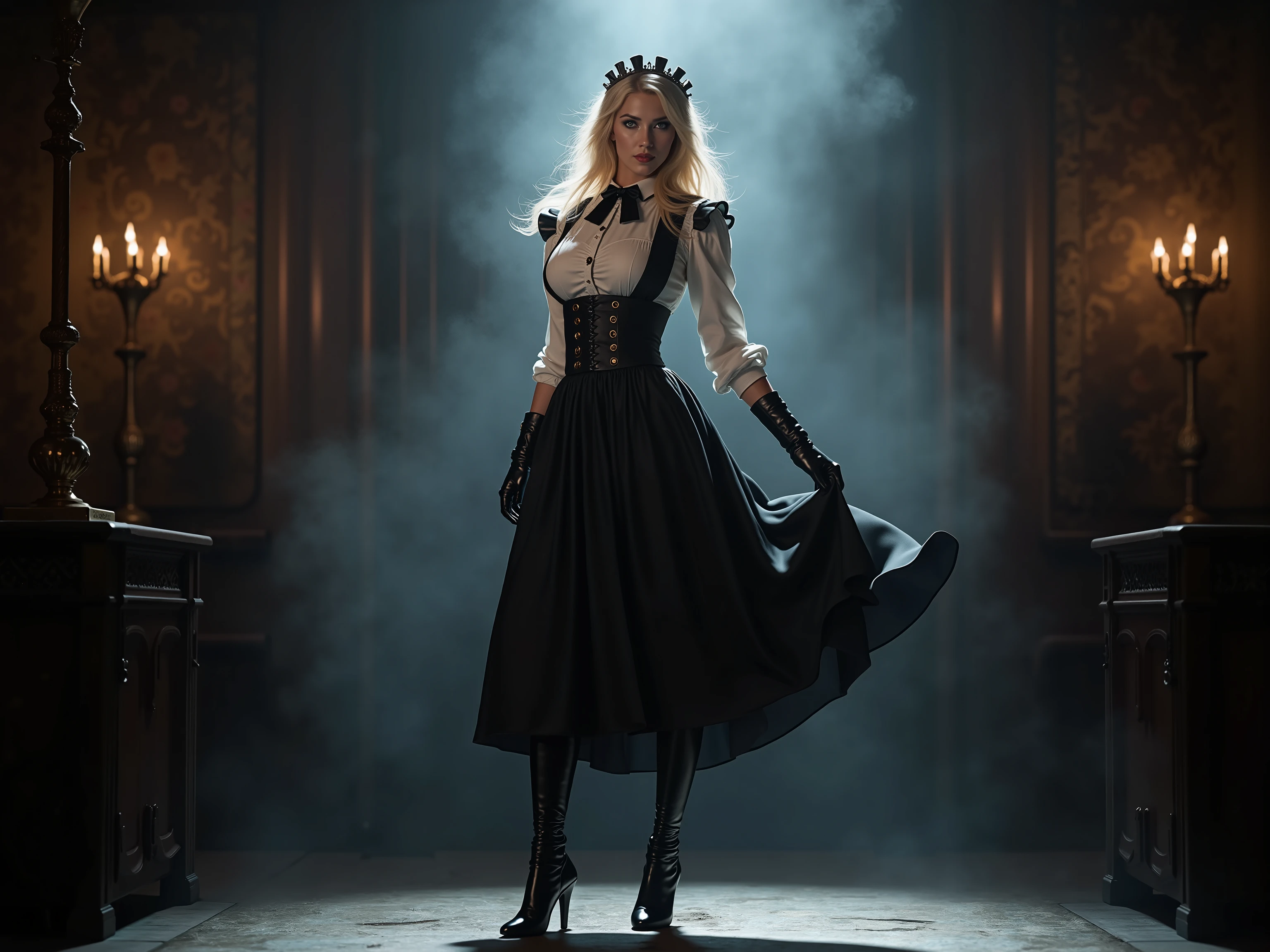 quality: (((masterpiece, cinematic composition, high quality 16K, 32K))), (8k, ultra-hyperrealistic :1.3), ( photorealism :1.2), (steampunk aesthetic). Scene:beautifull blonde maid-girl, in her uniform with blouse tie and black middle long skirt tucked in the blouse. She has long latex gloves and long leather heel boots. Shes touching her skirt. lighting: Gas lamps and the glowing scepter cast a dramatic light on her silhouette, while the rest of the room remains shrouded in shadow and steam. Stil: Seductive and majestic, a perfect mix of steampunk and mystical maiden aesthetic. a white light Spot from the ground in the front to the face and illuminates her nipples