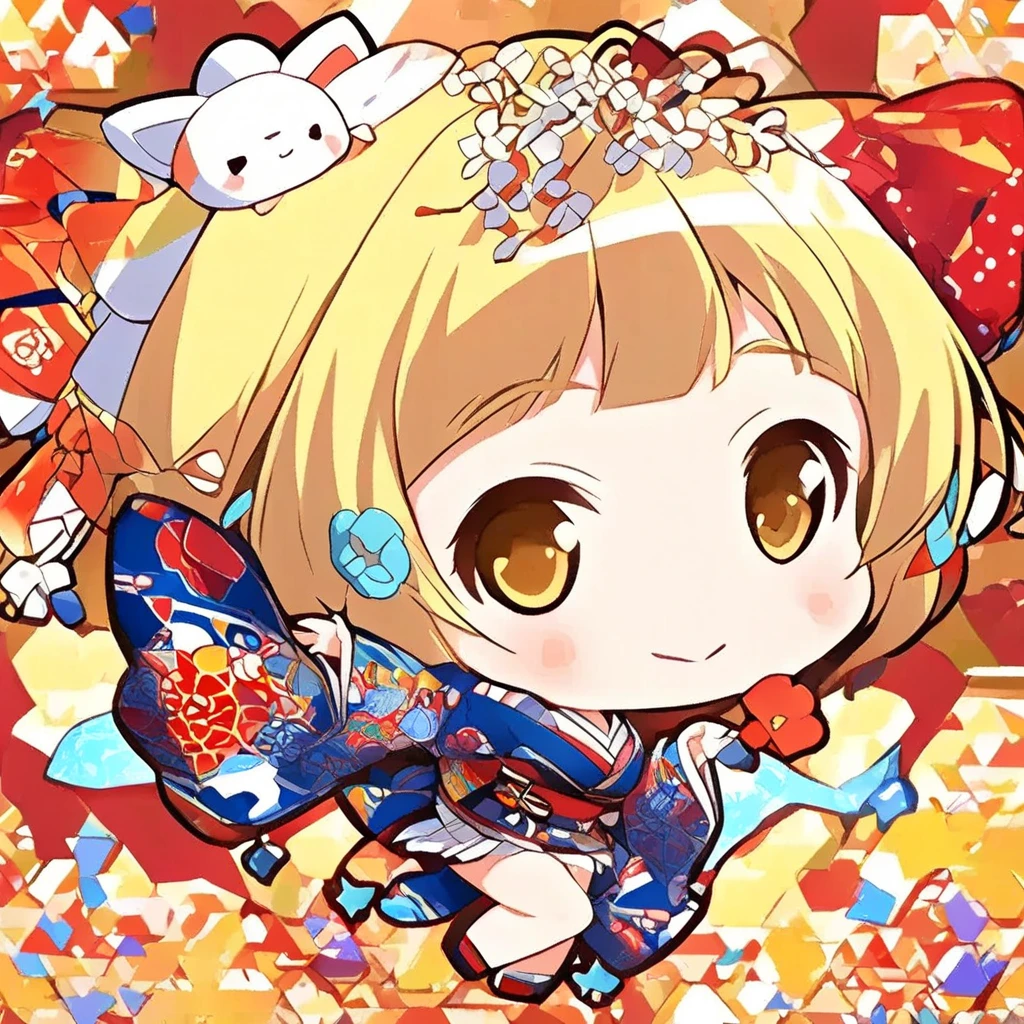 chibi-dol, chibi, full body, yuki mio, 1girl, solo, simple background, kimono, 