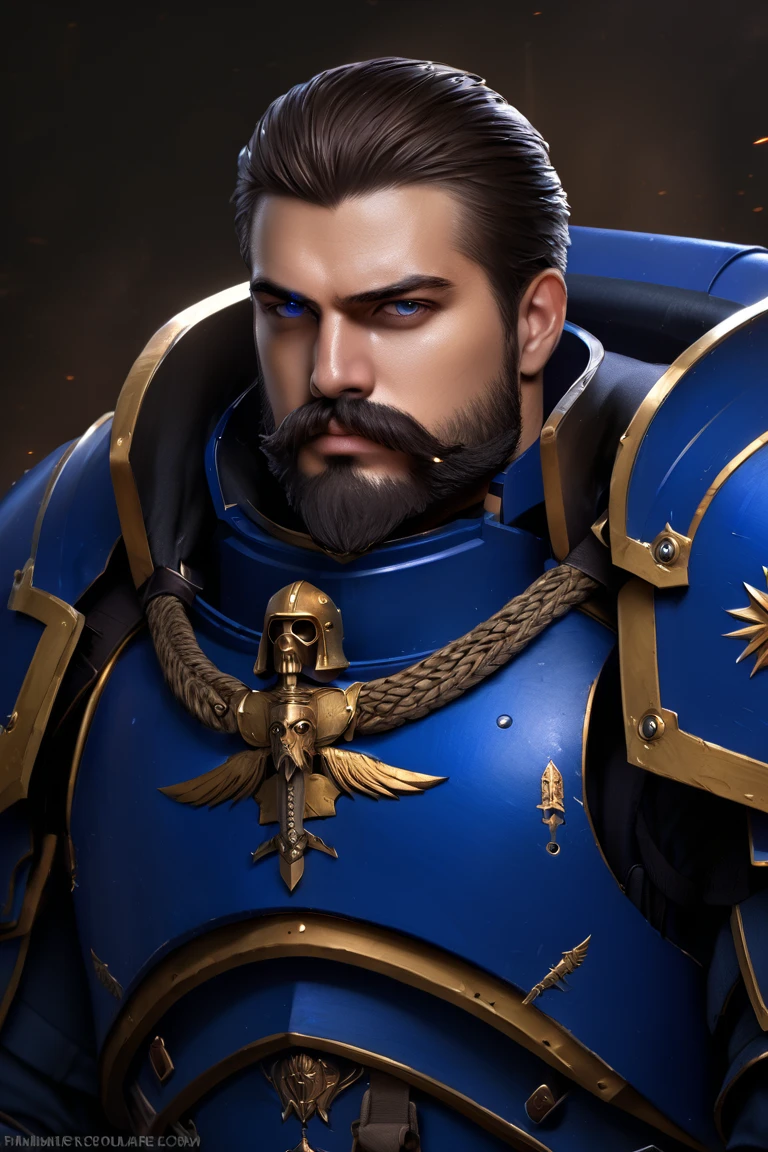 weapon, armor, solo, realistic, beard, facial hair, manly, male focus, 1boy, sword, mustache, ultramarine, primaris