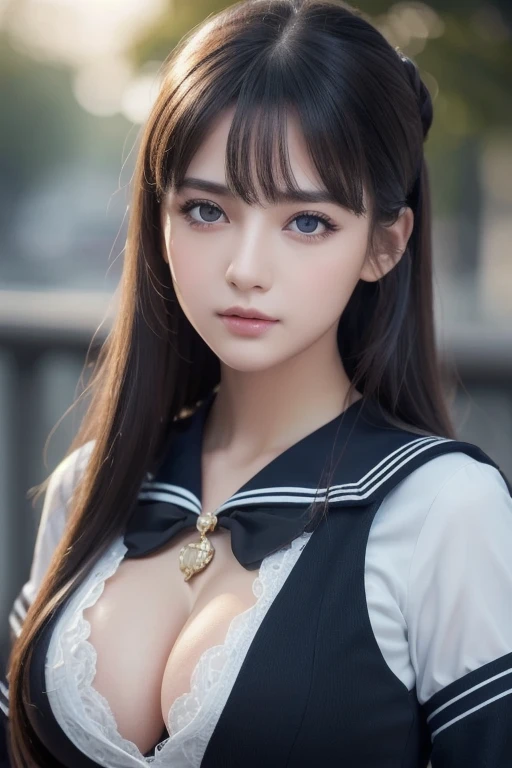 1 girl, (highest quality:1.4), (super detailed), (Highly detailed beautiful face), wonderful face and eyes, black eye, black hair, (sailor suit), (cleavage), Smooth, Highly detailed CG integrated 8k wallpaper, High resolution raw color photos, professional photos, light, Backlight, dream-like, impressive, Depth of bounds written