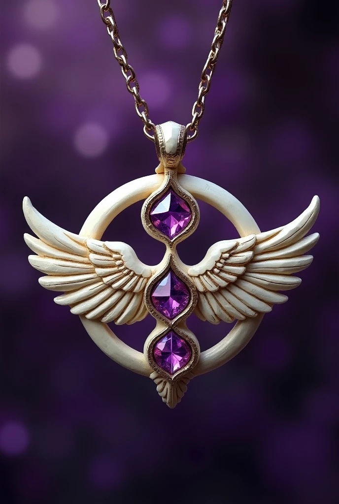 Medieval cord necklace sculpted wing symbol made with bone with purple crystal details inside a circle made of bone purple background 