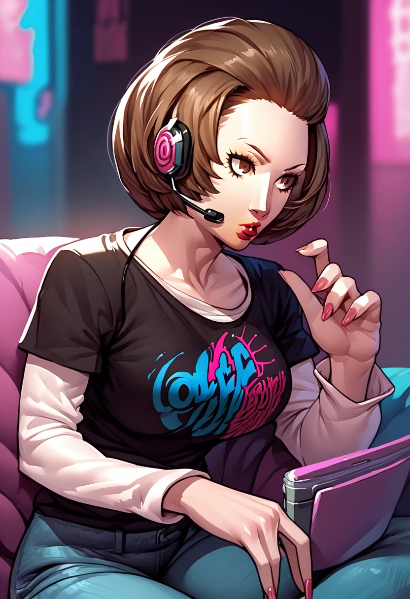 1 girl, headset, lipstick, black t-shirt, clothes writing, layered sleeves, large breasts, jeans, Manuela Casagranda, brown eyes, brown hair,