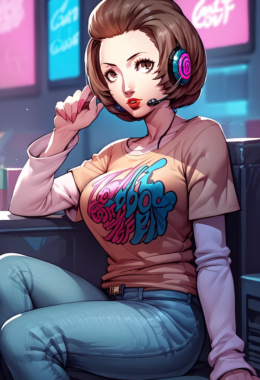 1 girl, headset, lipstick, black t-shirt, clothes writing, layered sleeves, large breasts, jeans, Manuela Casagranda, brown eyes, brown hair,