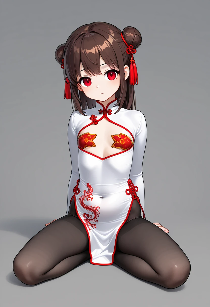yazawa nico,Red eyes, Chinese dress,Red face,Blunt hair,Curvy body, on ground, Defeated , spread their legs,Smile,(((black colored leggings))),camel-toe,Bare toes,Fat Chubby,does not wear panties