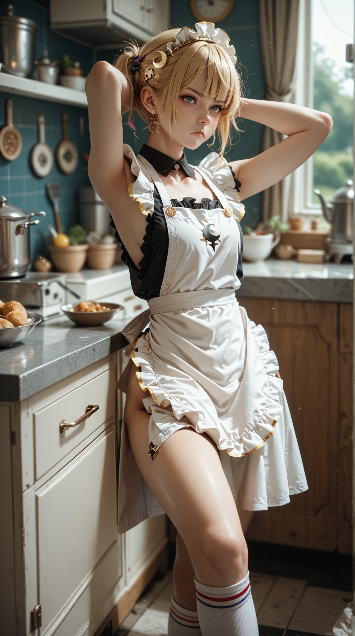 (hyperrealistic), (illustration), (high resolution), (8K), (extremely detailed), (best illustration), (beautiful detailed eyes), (best quality), (super detailed), (masterpiece), (wallpaper), (detailed face), solo, (dynamic pose), 1 girl, white wavy hair in the kitchen, heterochromic eyes, ((apron)), long legs, tightens abs, (black stockings), (thick lips)