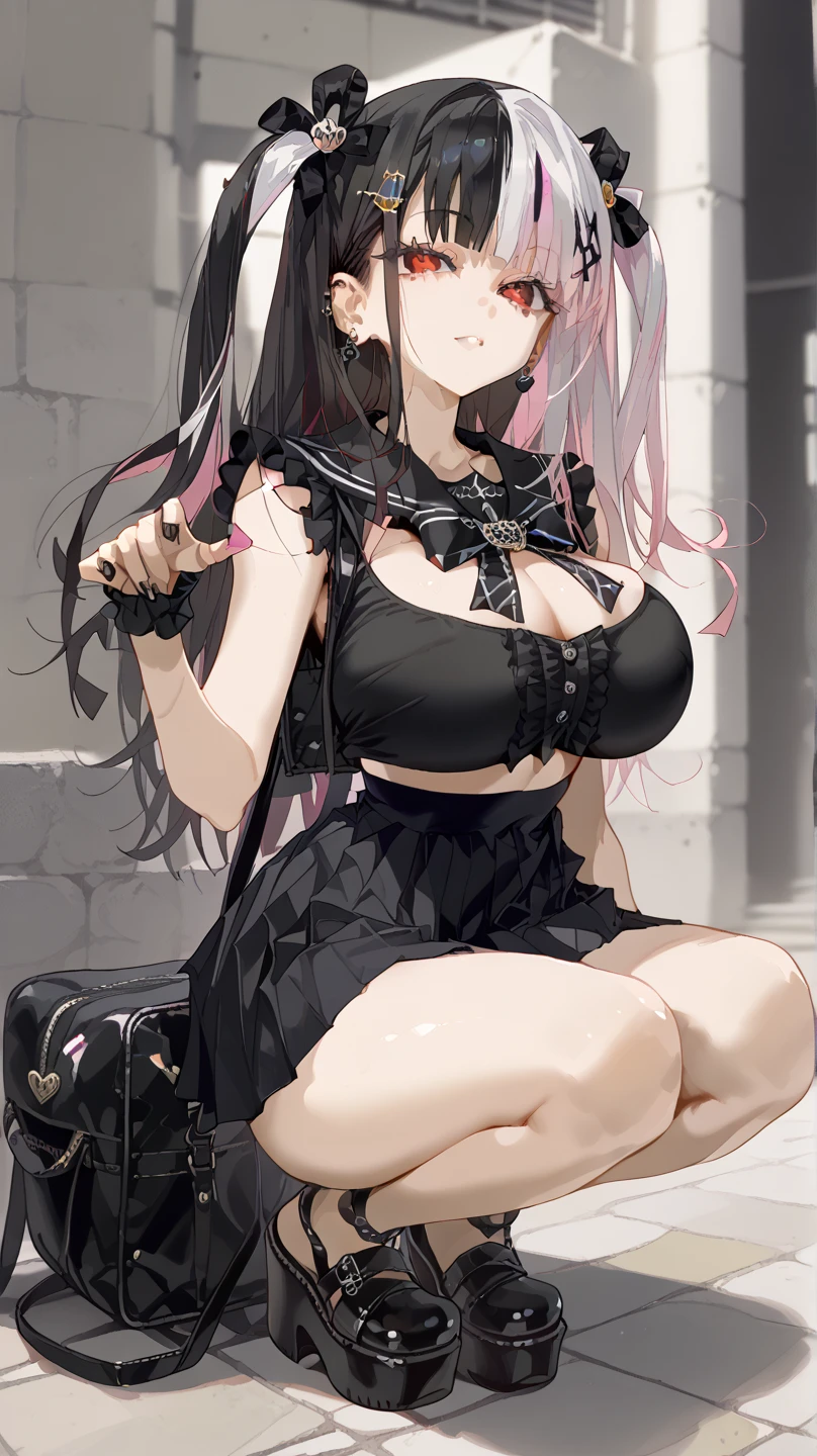 safe_Location, score_9, Alone, Solo Female , Our_(Our_akqj10  ),  satou daji style , Black and white hair, Parting Hair,  multicolored hair,  red eyes,  long hair,  Two Side Up ,   Twin Tail Toile  ,  One Girl , huge breasts,  wide hips,  thighs,   Towa's Jirai Kay Outfit  ,  mouse mask, Black nails,  Platform Footwear ,  squats , Cleavage, bag,  hair ornament,   Pink High Waist Skirt  ,  pleated skirt at the top of the screen,   Black Ruffle Shirt  , frilled sleeves, Sleeveless,  black shirt, black sailor collar,   Black and White Outline Neck Bow, half closed eyesカウボーイ射撃,  Watching Viewers 