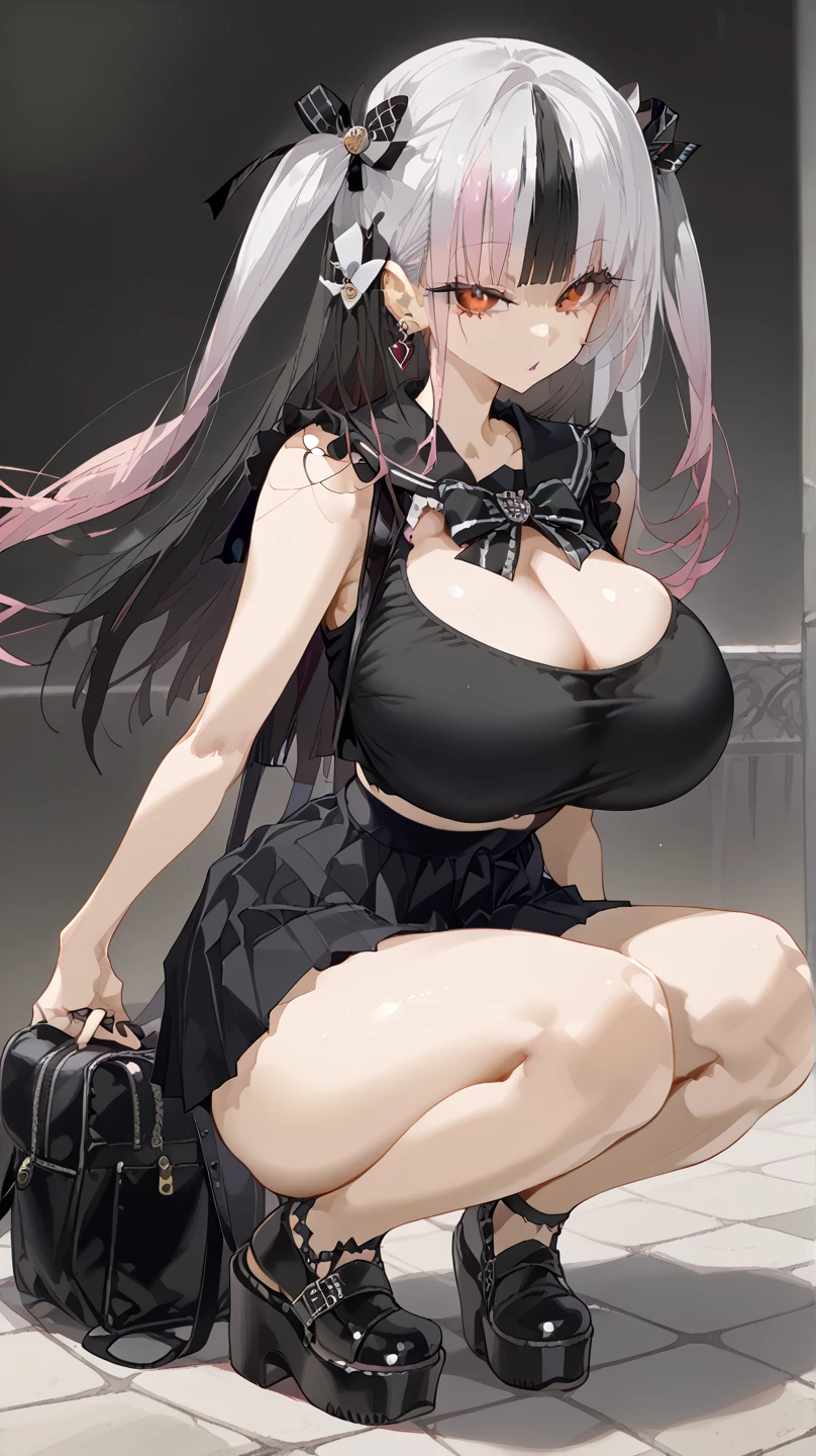 safe_Location, score_9, Alone, Solo Female , Our_(Our_akqj10  ),  satou daji style , Black and white hair, Parting Hair,  multicolored hair,  red eyes,  long hair,  Two Side Up ,   Twin Tail Toile  ,  One Girl , huge breasts,  Wide Hips ,  thighs,   Towa's Jirai Kay Outfit  ,  mouse mask, Black nails,  Platform Footwear ,  squats , Cleavage, bag,  hair ornament,   Pink High Waist Skirt  ,  pleated skirt at the top of the screen,   Black Ruffle Shirt  , frilled sleeves, Sleeveless,  black shirt, black sailor collar,   Black and White Outline Neck Bow, half closed eyesカウボーイ射撃,  Watching Viewers 