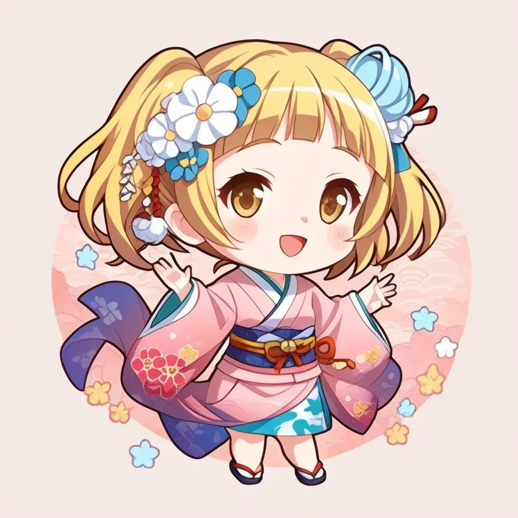 chibi-dol, chibi, full body, yuki mio, 1girl, solo, simple background, kimono, 