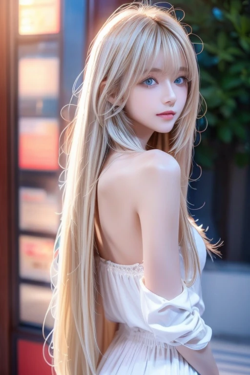  realistic、 very beautiful super long shiny blonde hair、 young idol beauty 、 looking into the distance 、 today's favorite 、 off-shoulder white top 、目にかかるbangs、顔にBlonde、Round and young 々Funny face、Accessories Full、 necklace、big,  clear , 明るい blue eyes、 long lashes、big Breasts、 Thin Waist、light makeup、Beautiful teeth、 kind expression、 super long straight silky blonde hair 、Light-colored hair、Small Face Beauty、 long hair, bangs, Blonde, 目の間のbangs, とても long hair,  hair hiding one eye ,  shiny hair,  hair fluttering in the wind, Straight Hair, Disheveled Hair, Super long hair, Hair in the eyes, Too much hair,  blue eyes, Hair covering the eyes